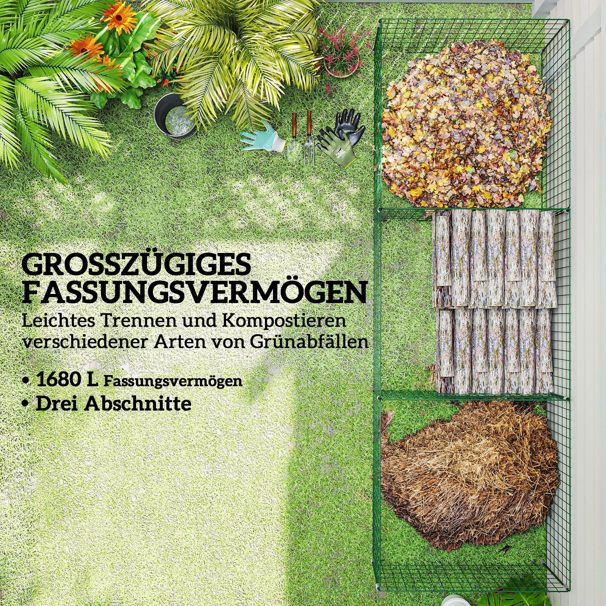 Kompostavimo konteineris, 1680 litrų, 270 x 90 x 70 cm, 3 dalių, greito kompostavimo, pagamintas iš plieno, atsparus atmosferos poveikiui, žalios spalvos