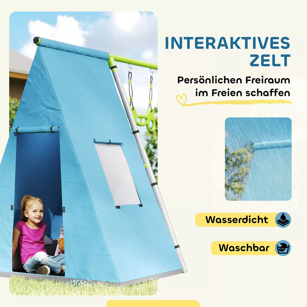 3-in-1 supynės rinkinys, žaidimų palapinė, supynės, gimnastikos žiedai, metalas, plastikas, žalia spalva