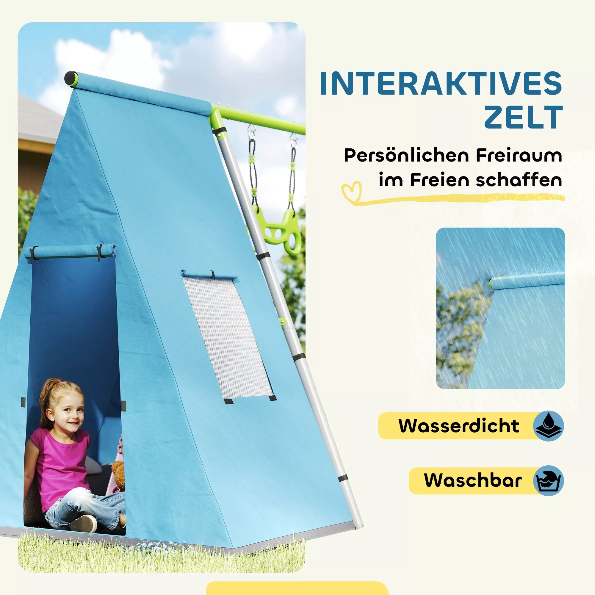 3-in-1 supynės rinkinys, žaidimų palapinė, supynės, gimnastikos žiedai, metalas, plastikas, žalia spalva