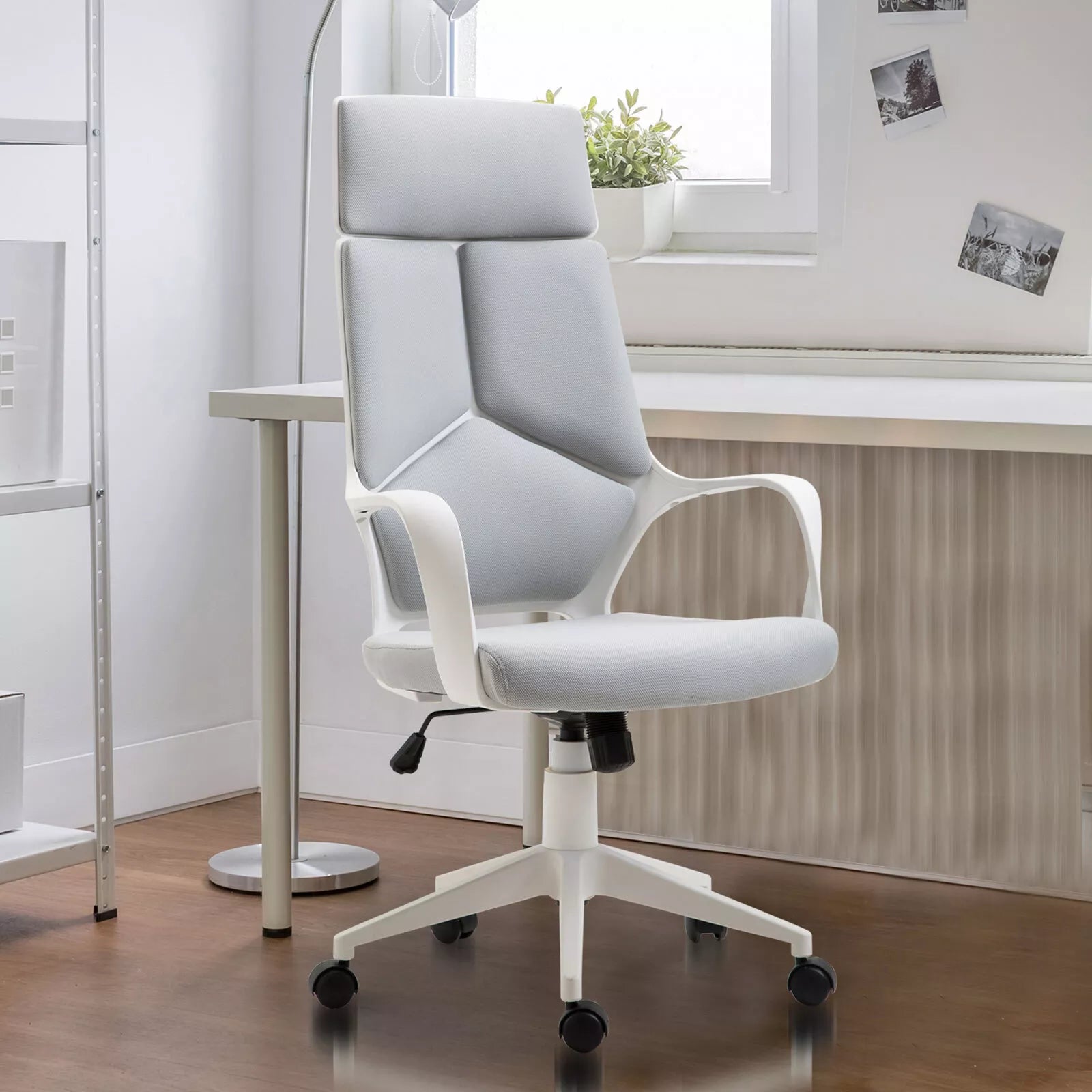 Ergonomiška biuro kėdė, tinklinė medžiaga, reguliuojamas aukštis, sukiojama, su ratukais, pilka + balta