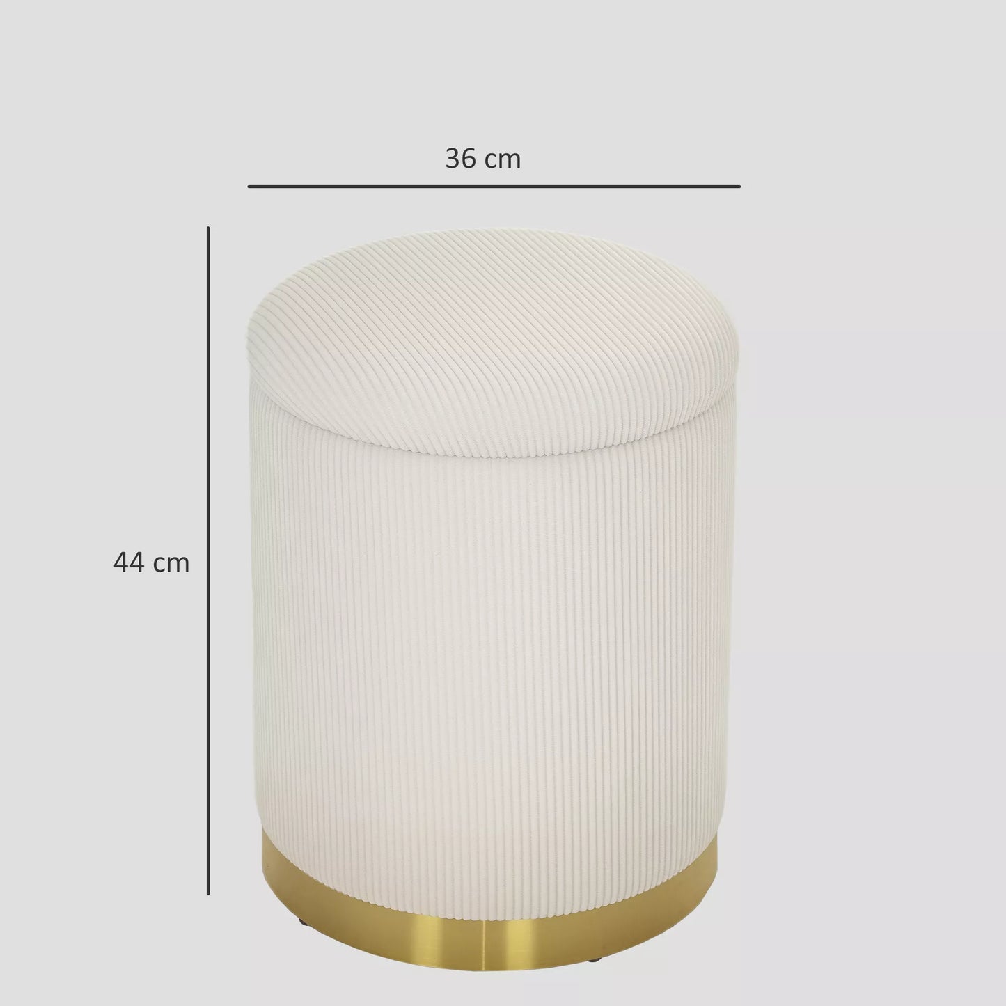 Sėdima taburetė su daiktadėže, sulankstomas pufas su dangčiu, plieniniu pagrindu, apvali taburetė 36 x 36 x 44 cm krembalta