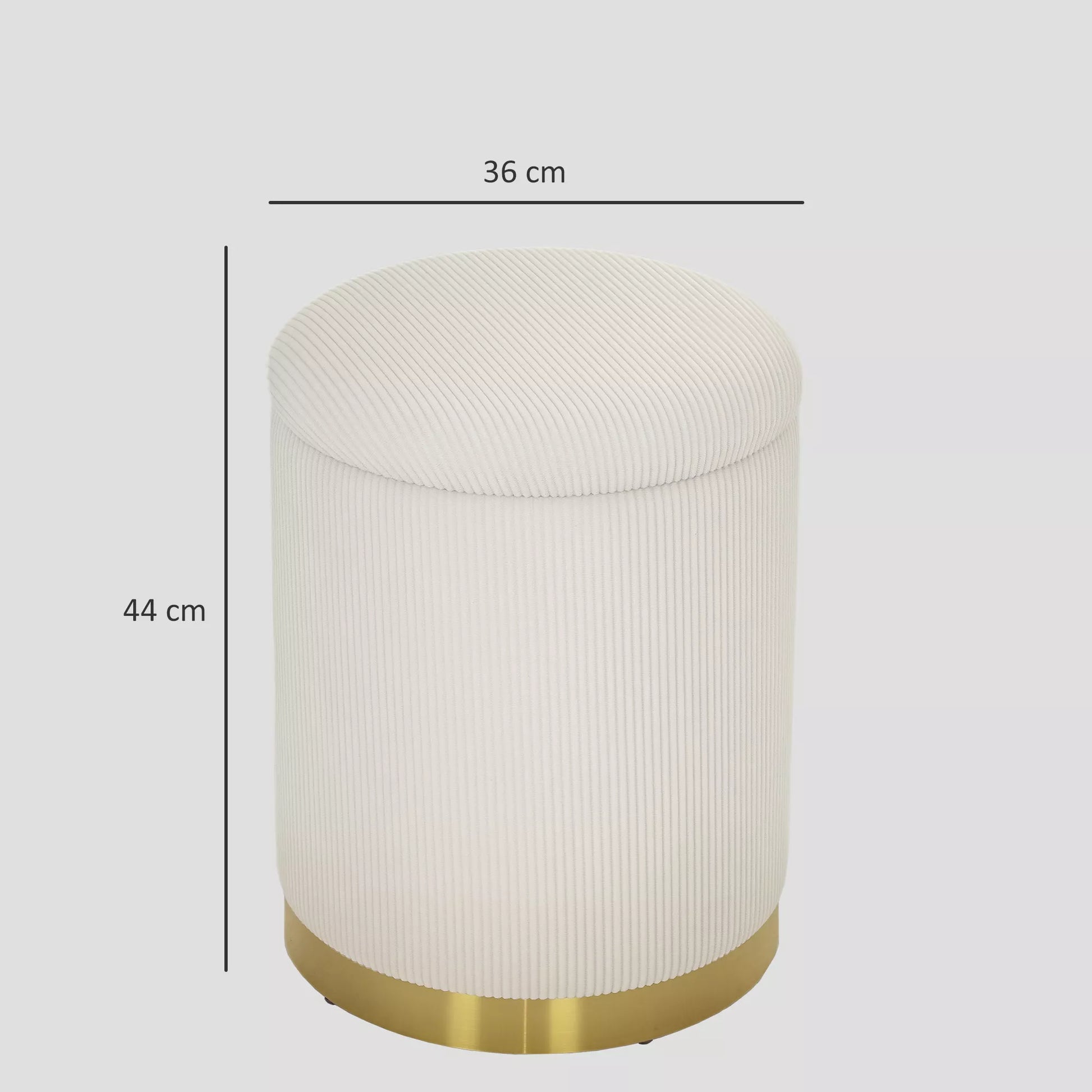 Sėdima taburetė su daiktadėže, sulankstomas pufas su dangčiu, plieniniu pagrindu, apvali taburetė 36 x 36 x 44 cm krembalta