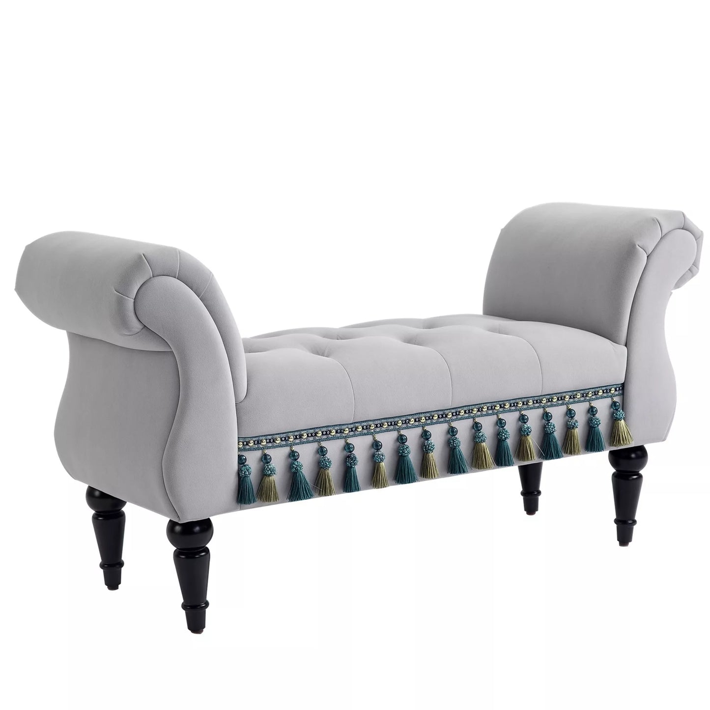 Minkštas suoliukas su aksominiu apmušalu, su atlošu, medinio rėmo suoliukas, batų suoliukas miegamajam, svetainei, koridoriui 117 x 40 x 58 cm šviesiai pilkos spalvos