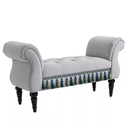 Minkštas suoliukas su aksominiu apmušalu, su atlošu, medinio rėmo suoliukas, batų suoliukas miegamajam, svetainei, koridoriui 117 x 40 x 58 cm šviesiai pilkos spalvos