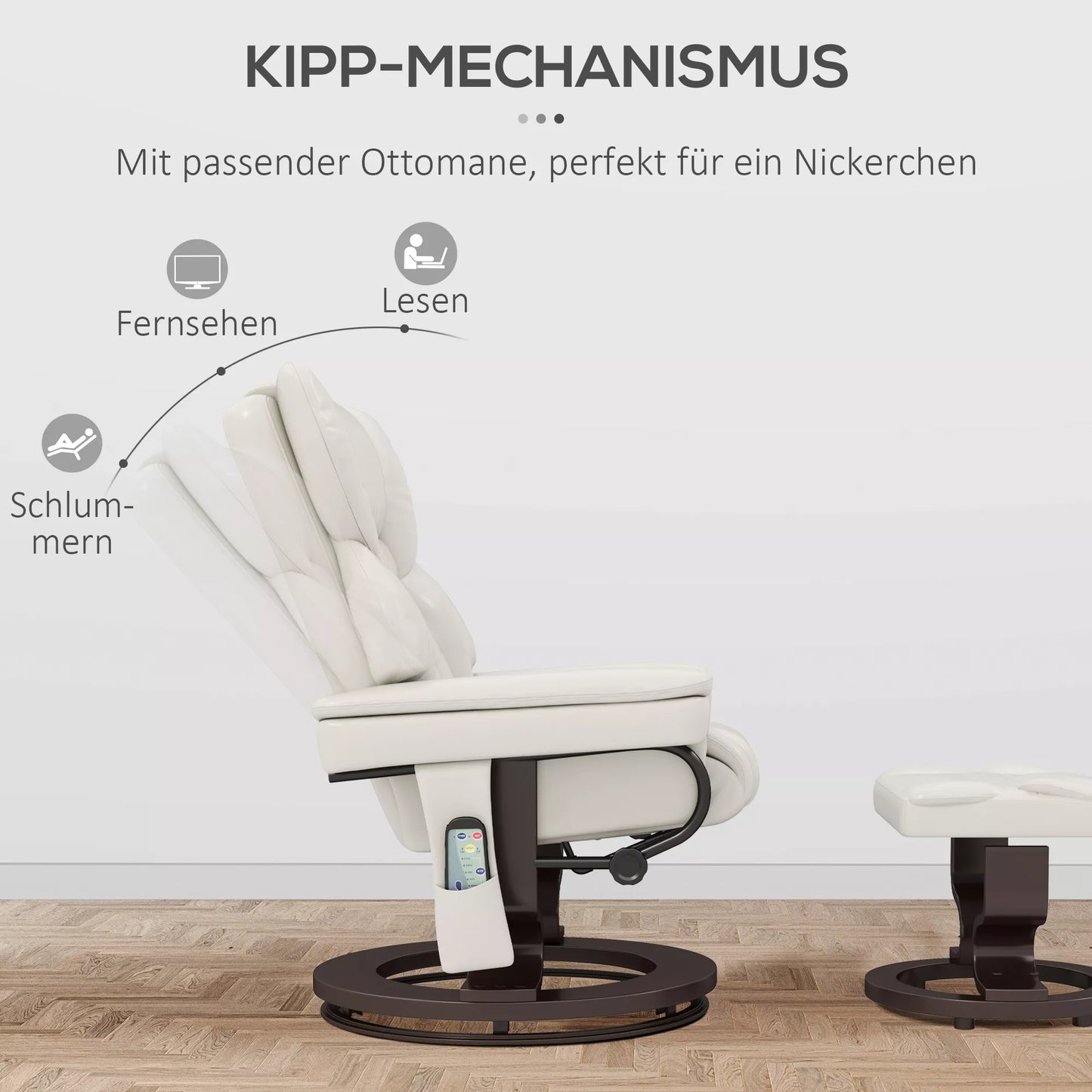 Poilsio krėslas su masažo funkcija ir pėdų atrama, atlošiamas krėslas, dirbtinė oda, 79 x 82 x 101 cm, kreminės baltos spalvos