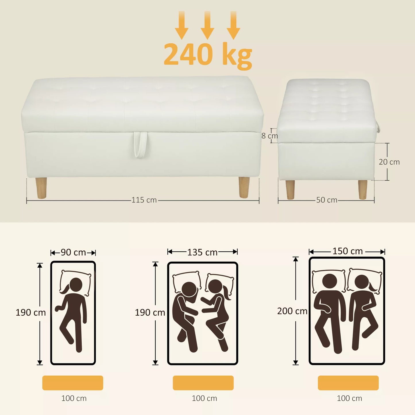 Minkštas taburetė su daiktų laikymo vieta, medinės kojos, minkštas audinys, kreminė balta spalva