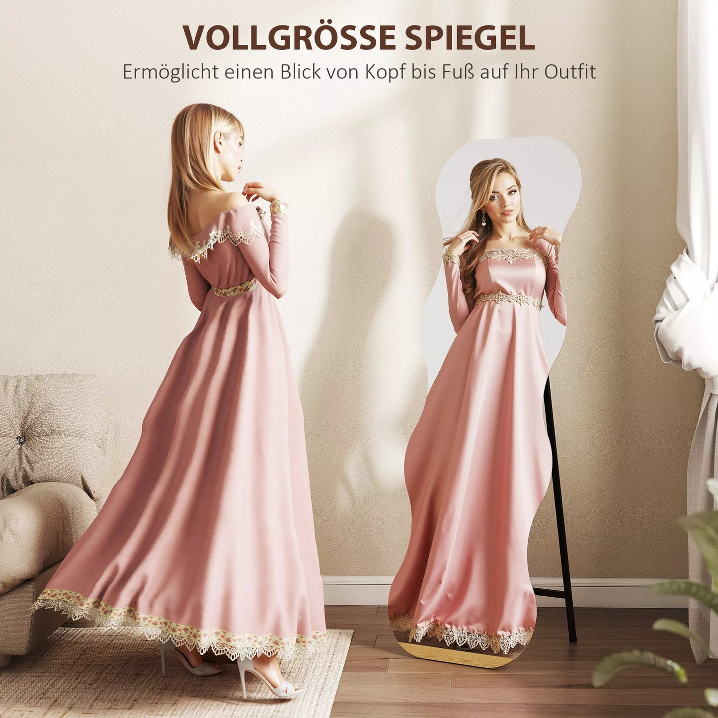 Visą kūną atspindintis veidrodis be rėmo, medinis pagrindas, lankstus išdėstymas, banguotas, juodas