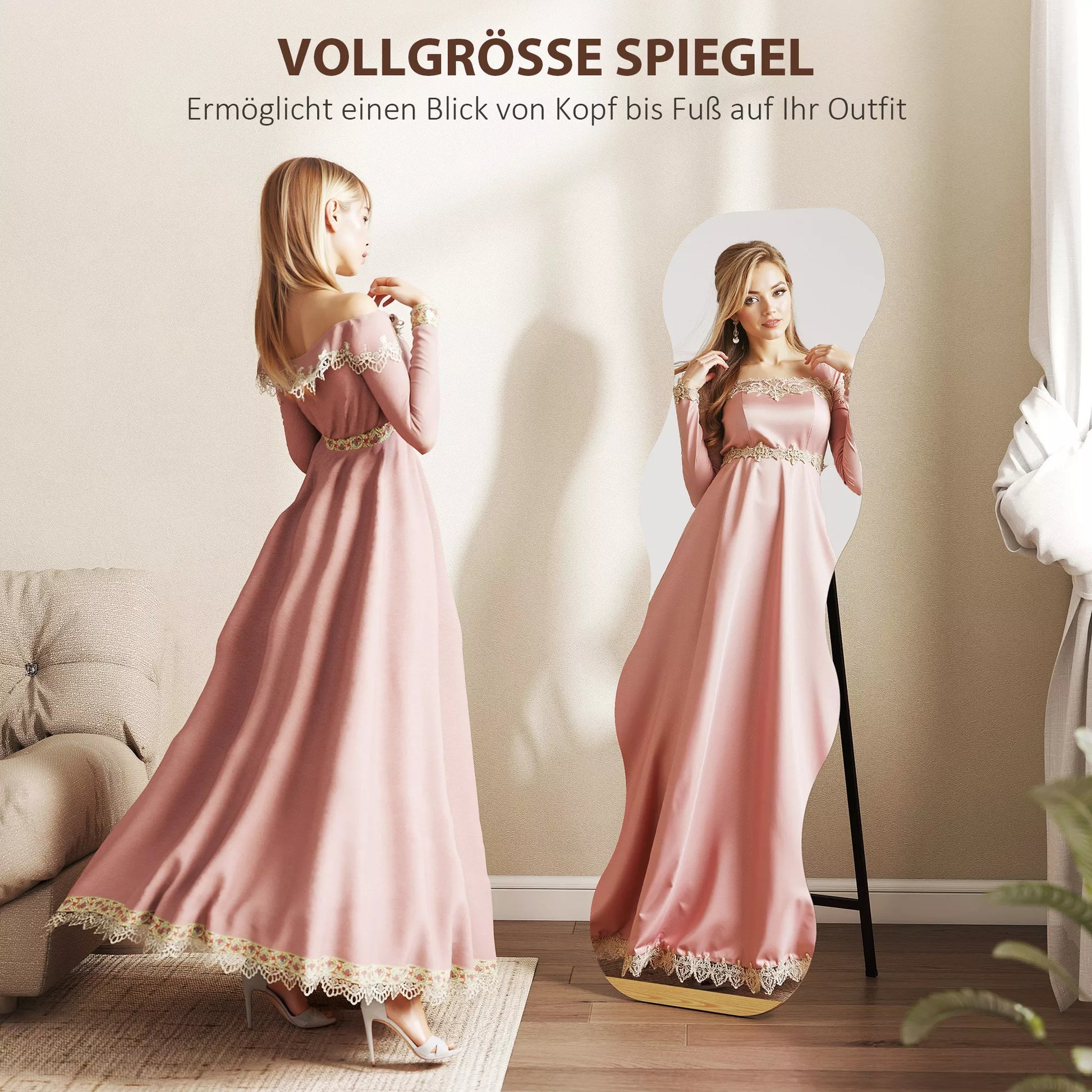 Visą kūną atspindintis veidrodis be rėmo, medinis pagrindas, lankstus išdėstymas, banguotas, juodas