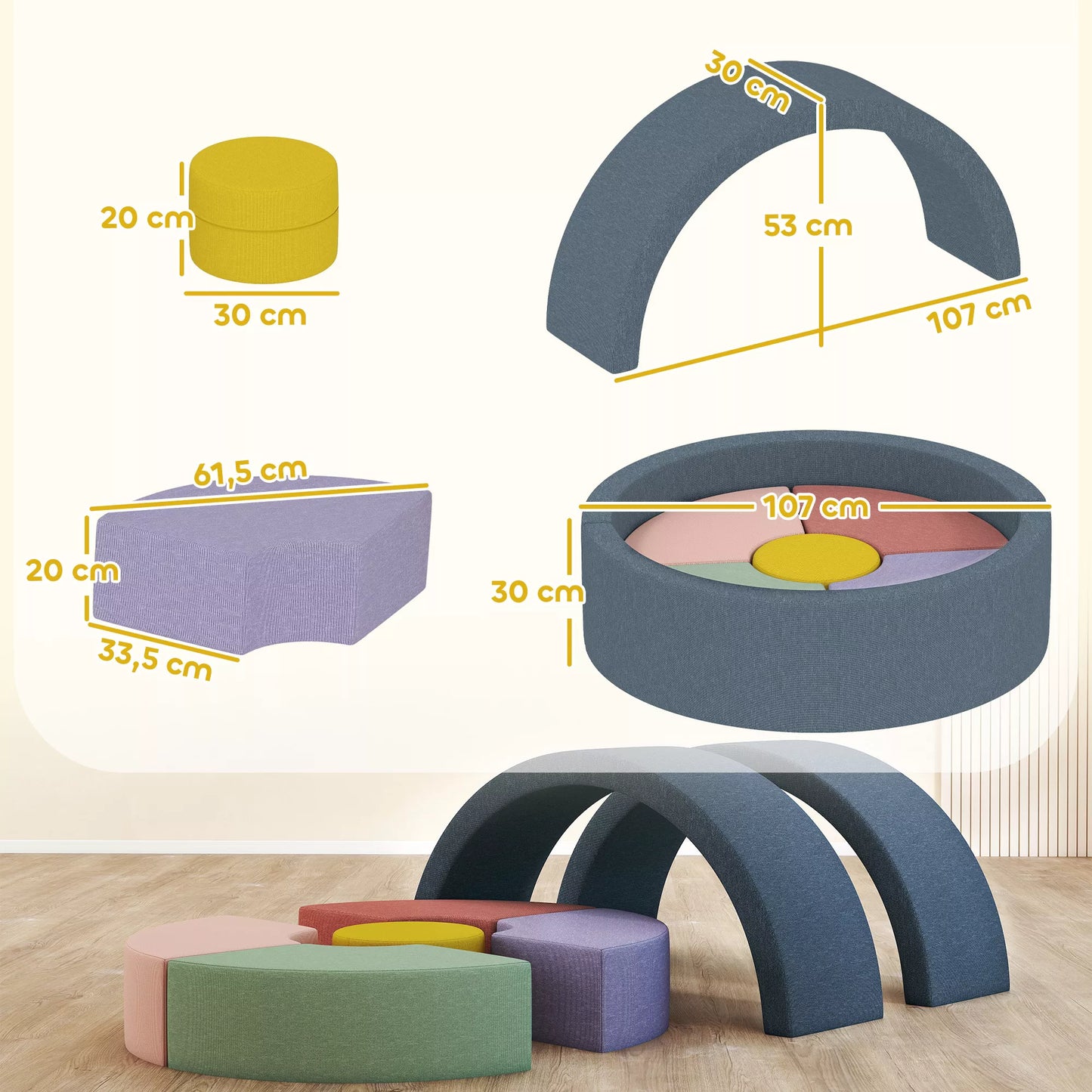 7 dalių minkštų konstruktorių rinkinys mažiems vaikams, putplasčio, plaunamas velveto apvalkalas, įvairių formų, spalvotas
