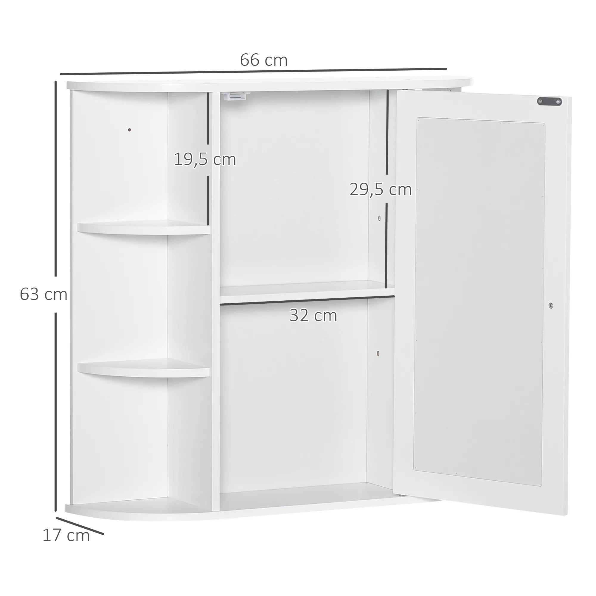 Infografika su baltos vonios veidrodinės spintelės matmenimis: 66 x 17 x 63 cm, 8 skyriai