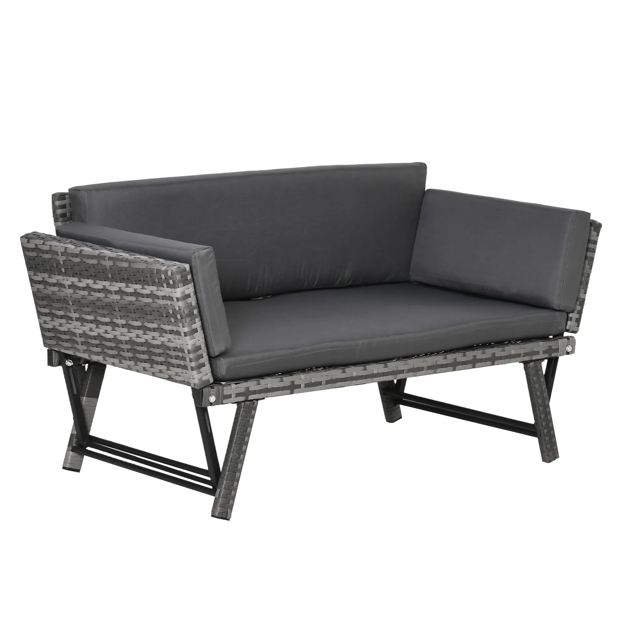 Polyrattan sodo sofa 2 vietų sodo baldai poilsio sofa sodo suolas sodo gultas sulankstomas porankiai plienas pilkos spalvos 129 x 63 x 67 cm