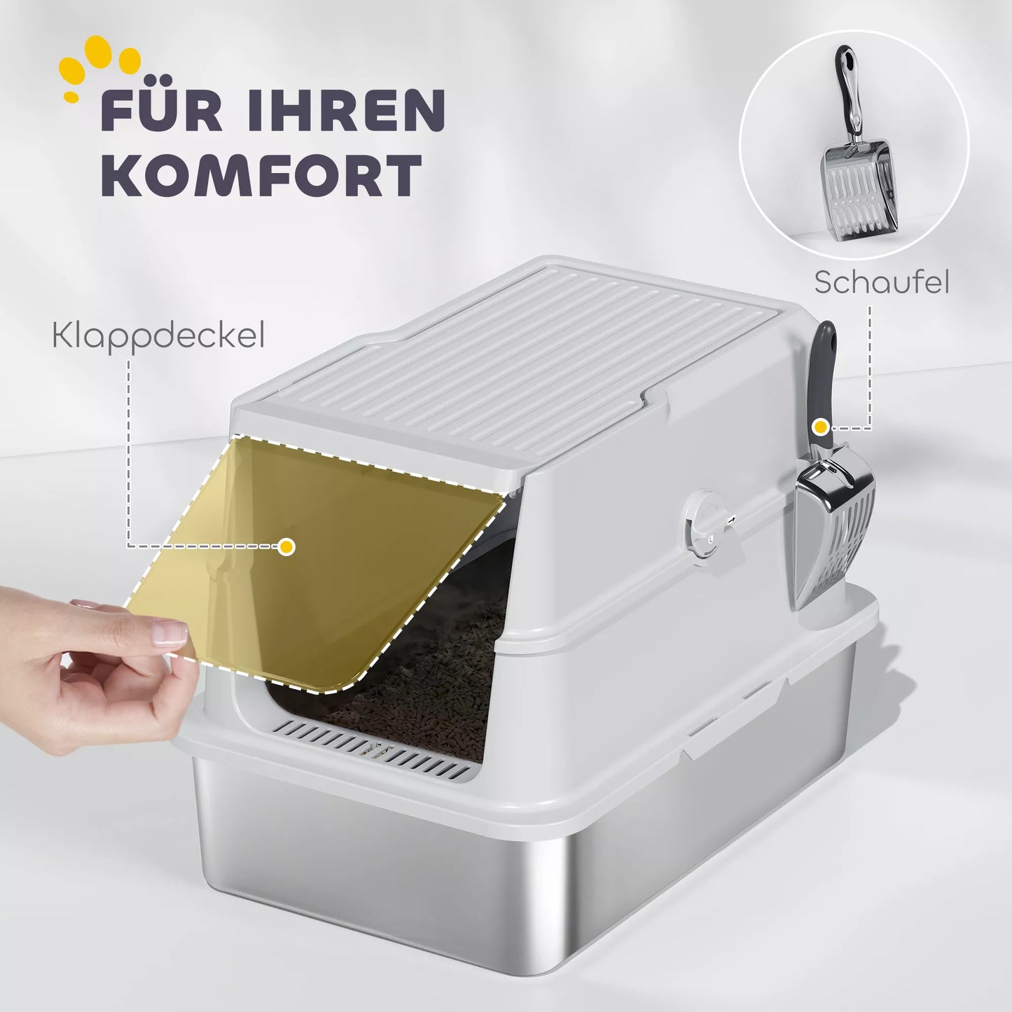 Kačių tualetas, nerūdijančio plieno, XL vidaus erdvė, su kastuvėliu, šviesiai pilkas