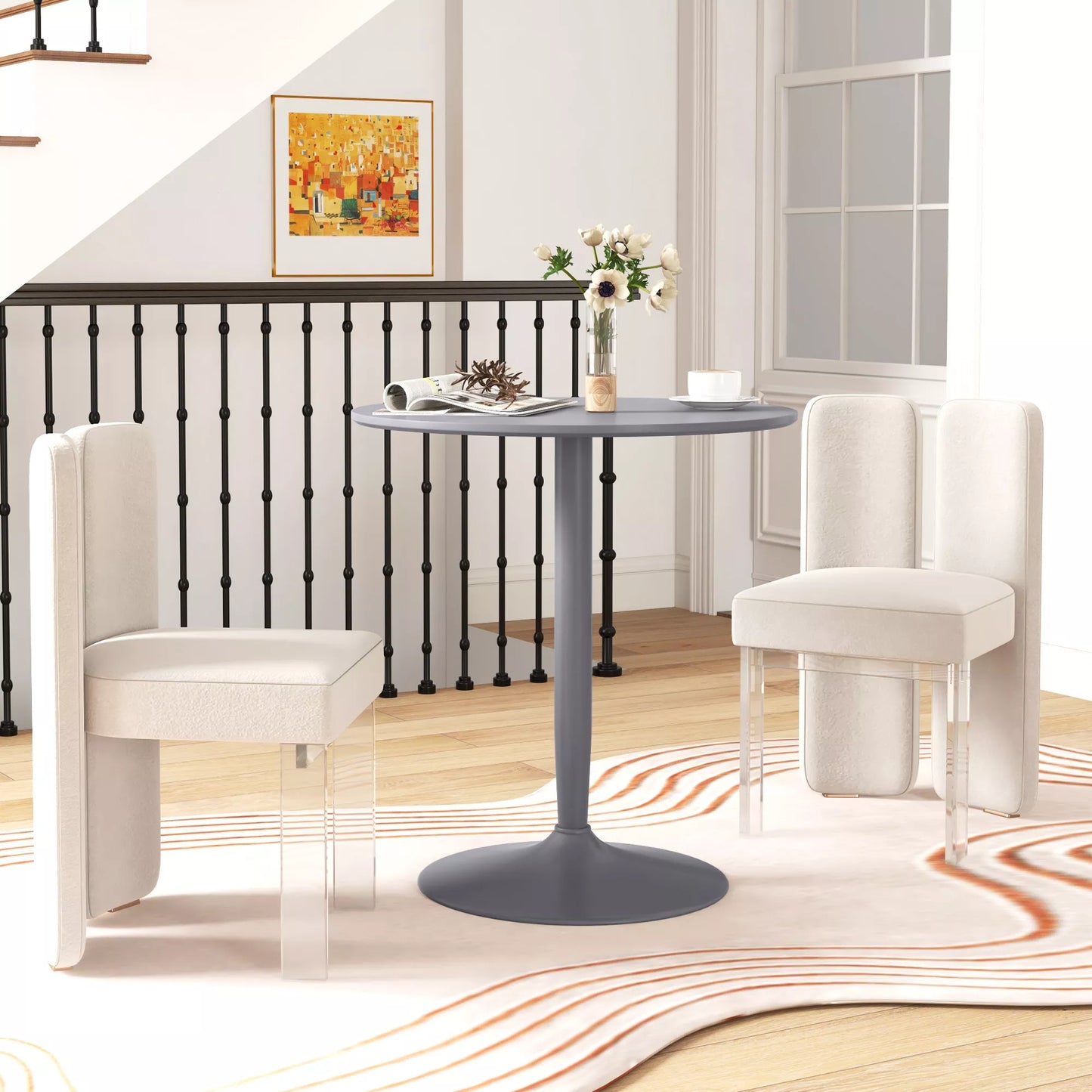 Valgomojo stalas 2 žmonėms, apvalus stalviršis, plieninis pagrindas, pilkas, 70 x 70 x 75 cm