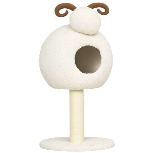 Katės draskyklė, avies dizainas, su katės urveliu ir draskomuoju stulpu, skalbiama pagalvėlė, kreminė balta + ruda