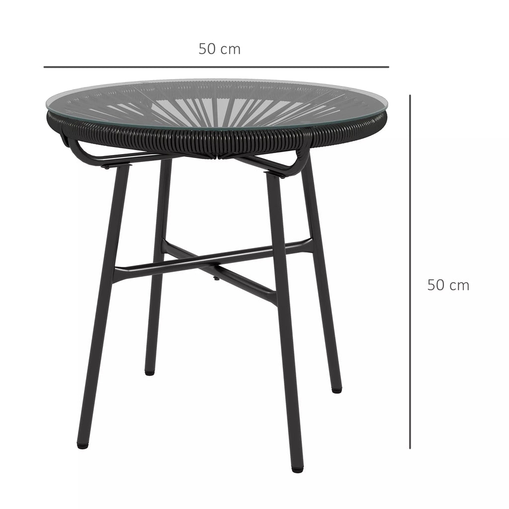 Sodo stalas Boho stiliaus lauko staliukas, PE rotangas, grūdintas stiklas, atsparus atmosferos poveikiui, 50 cm x 50 cm x 50 cm, juodas