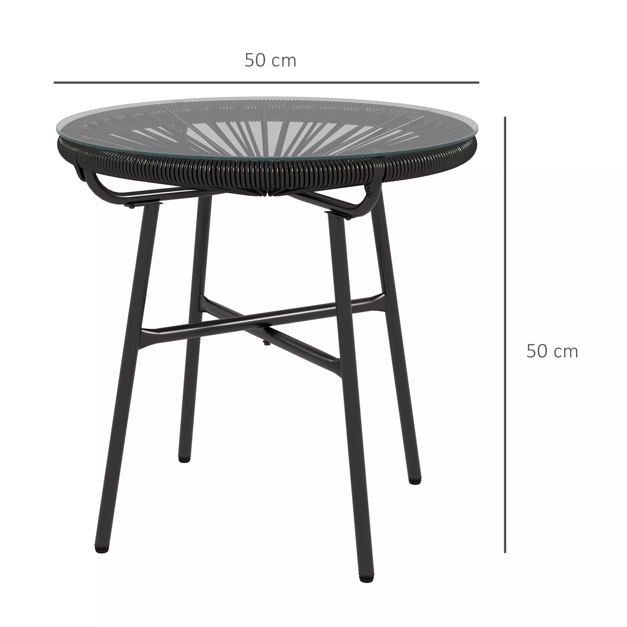 Sodo stalas Boho stiliaus lauko staliukas, PE rotangas, grūdintas stiklas, atsparus atmosferos poveikiui, 50 cm x 50 cm x 50 cm, juodas