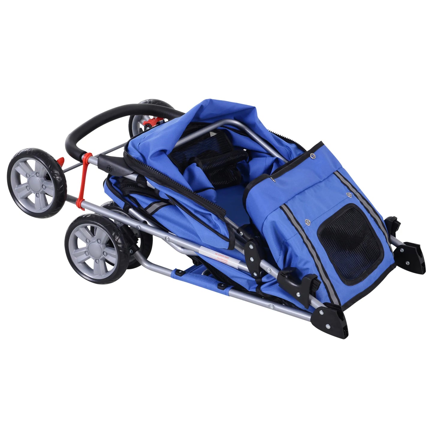 Sulankstomas šunų vežimėlis iki 10 kg, su reguliuojamu stogeliu, 2 puodelių laikikliais ir apatine talpa, mėlynas