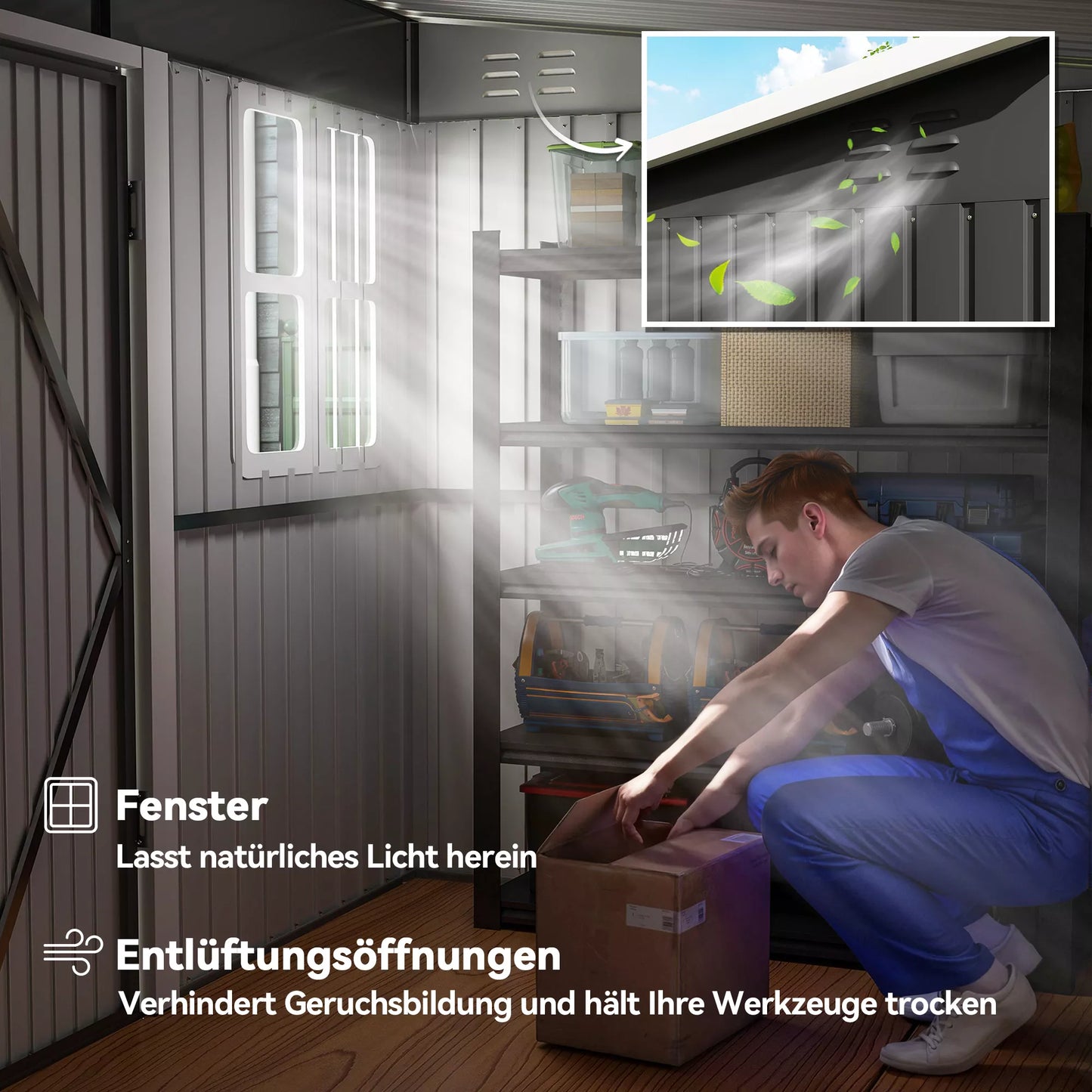 Metalinė sodo įrankių laikymo pašiūrė, su langu, plačios durys, 260 x 177 x 190 cm, tamsiai pilka