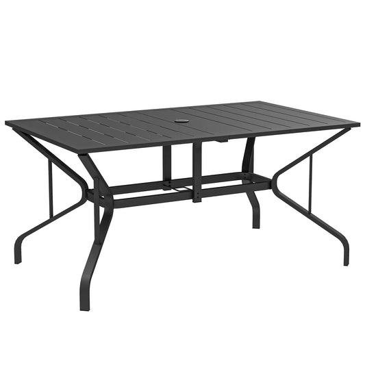 Sodo stalas iš plieno 150x90 cm Atsparus atmosferos poveikiui balkono stalas su skėčio skyle, lamelių dizainas, skirtas 6 asmenims Juodas