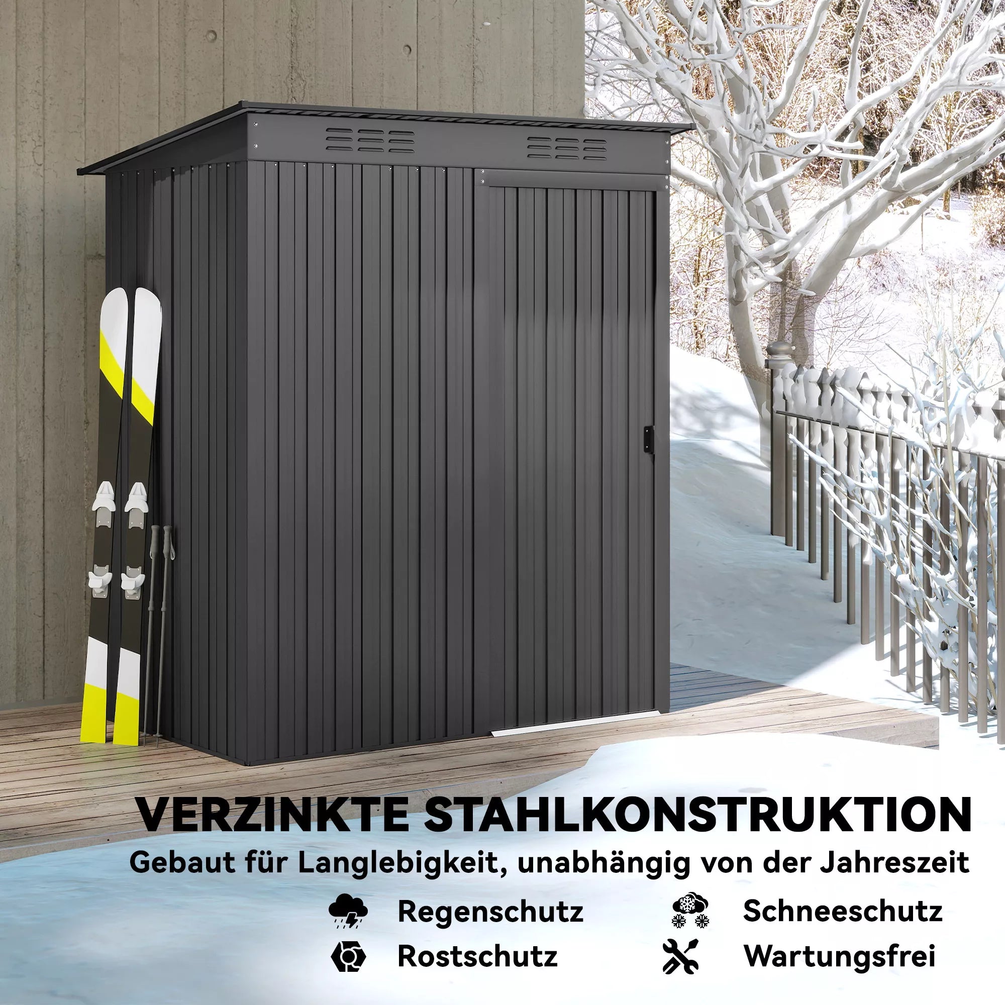 Metalinis įrankių sandėliukas 1,37 m², įrankių sandėliukas, lengvai surenkamas, vienšlaitis stogas, stumdomos durys, ventiliacija, pirštinės