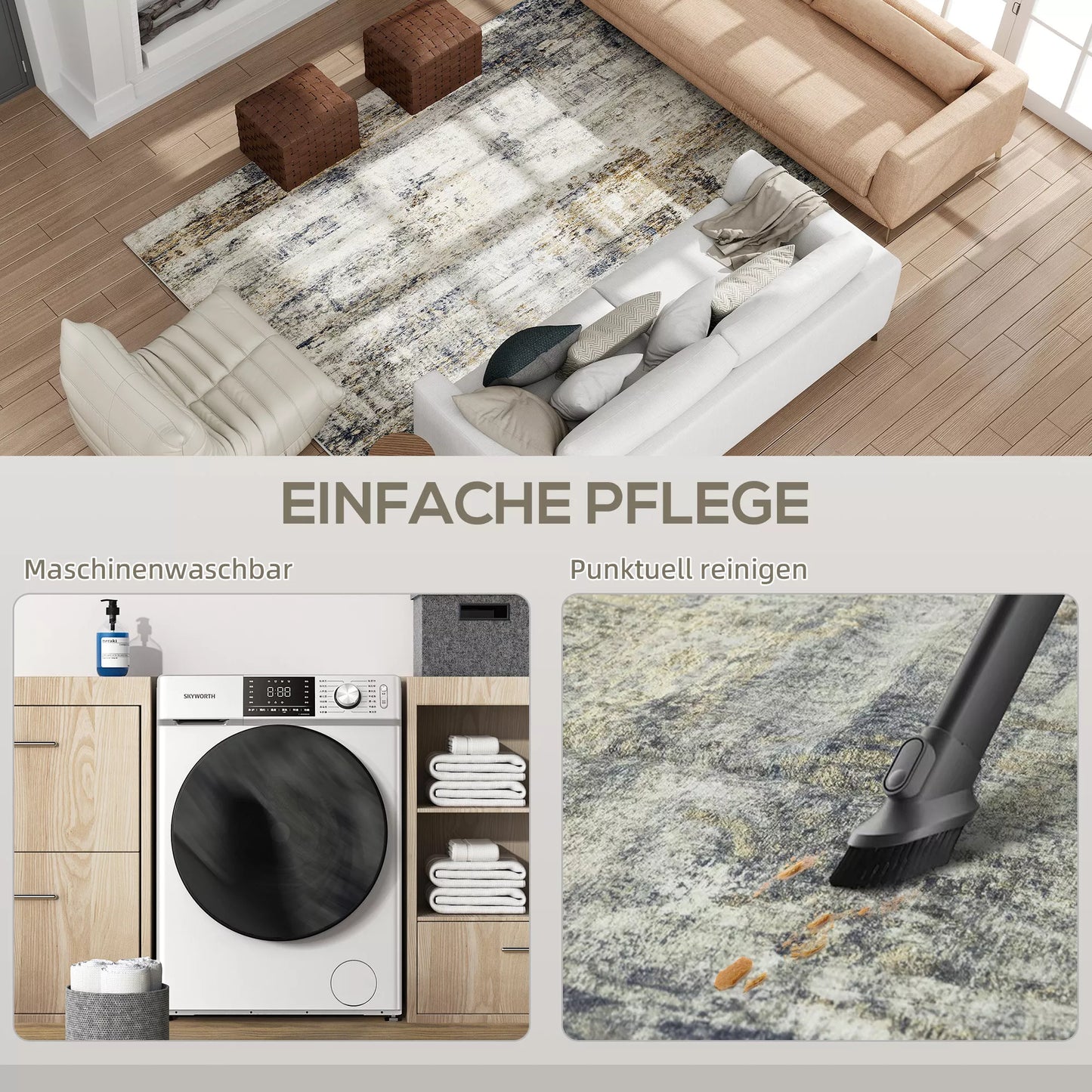 HOMCOM Svetainės kilimas, poliesteris, modernus meninis raštas, skalbiama, pilka