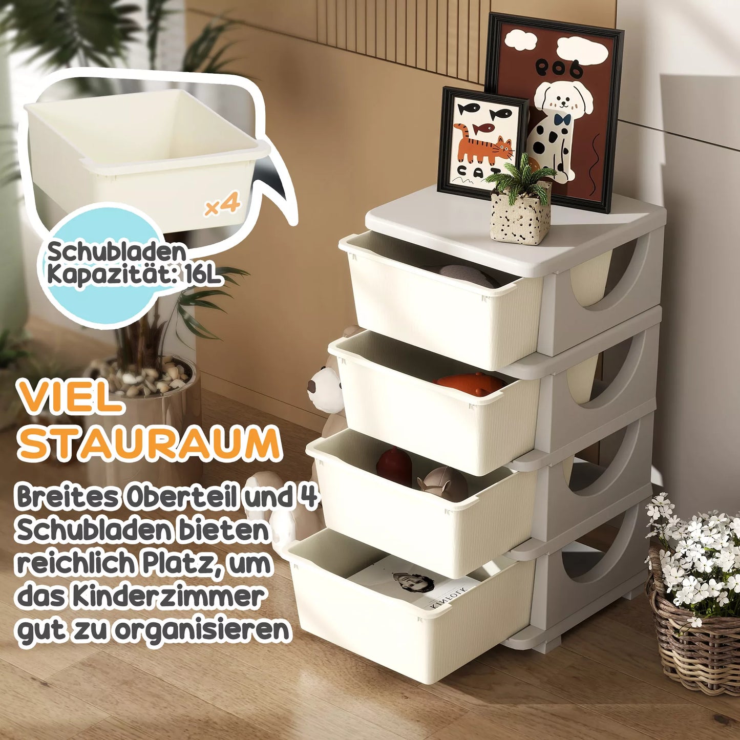 Vaikų daiktų laikymo dėžės, 4 dideli stalčiai, apvalūs kraštai, plastikas, 37x37x76 cm, kreminė balta spalva