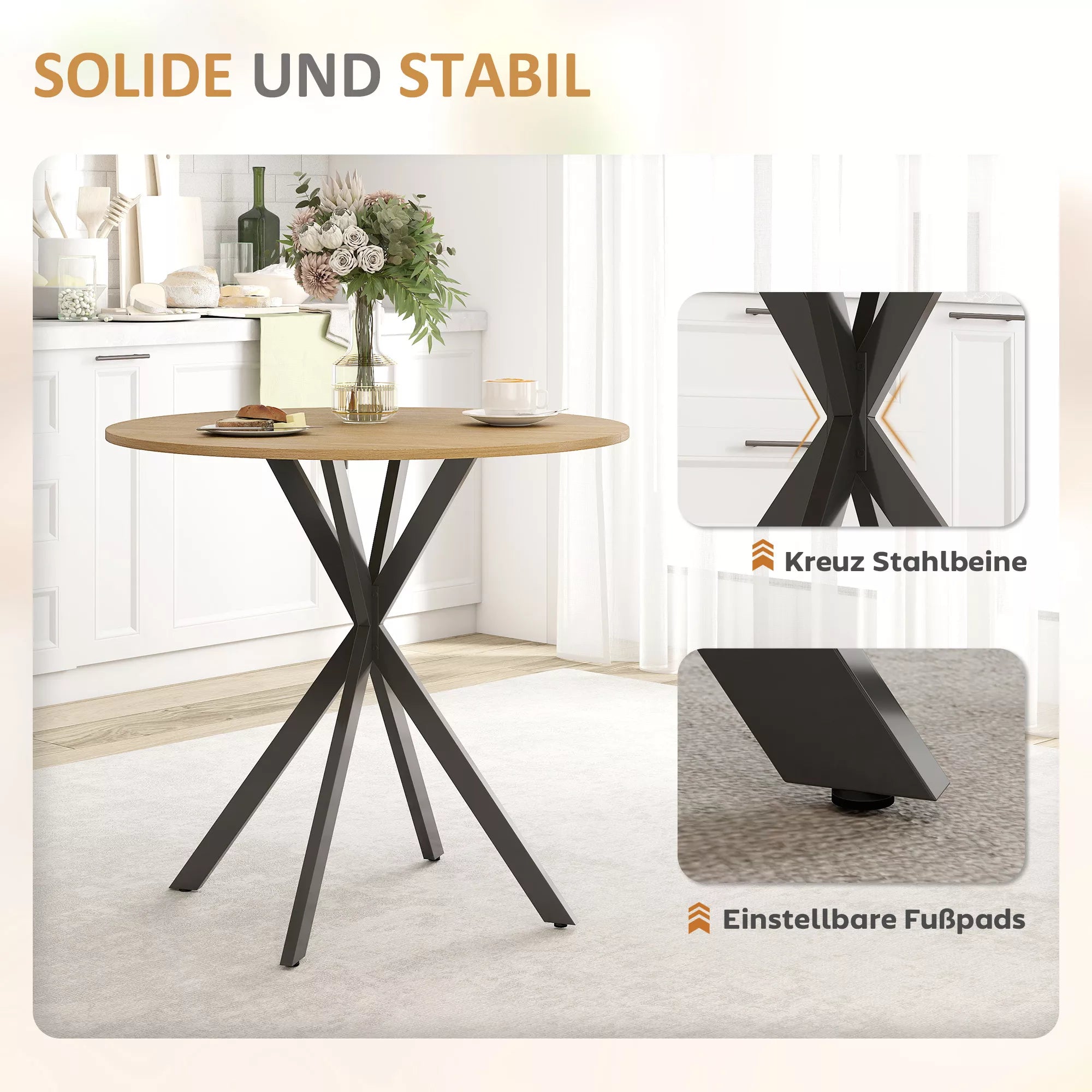 Apvalus virtuvės stalas, 80 cm, kompaktiškas stalviršis, medžio drožlių plokštė, metalas, balto ąžuolo+juoda
