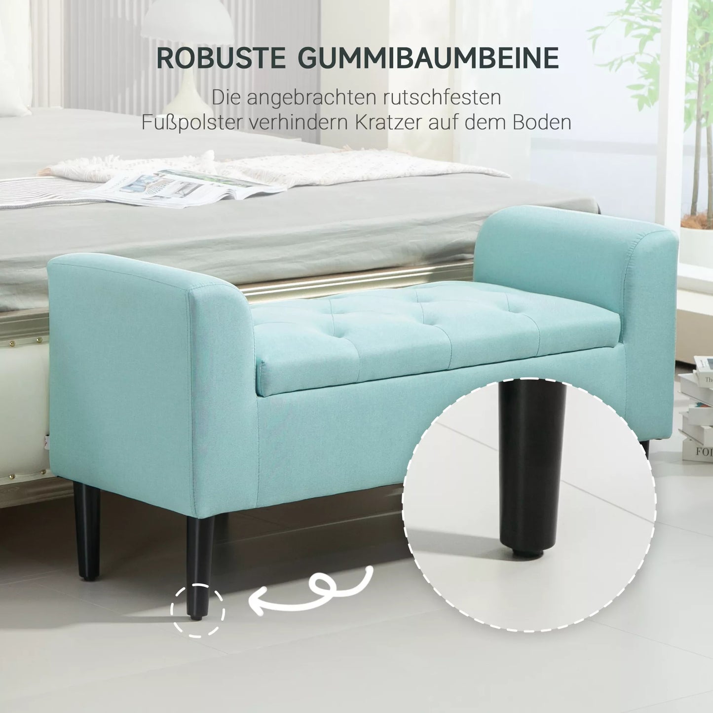 Suoliukas su daiktadėže, minkštas suoliukas, atlaiko iki 130 kg, lininio audinio išvaizda, kaučiukmedžio mediena, 116 x 44 x 58 cm, žalias