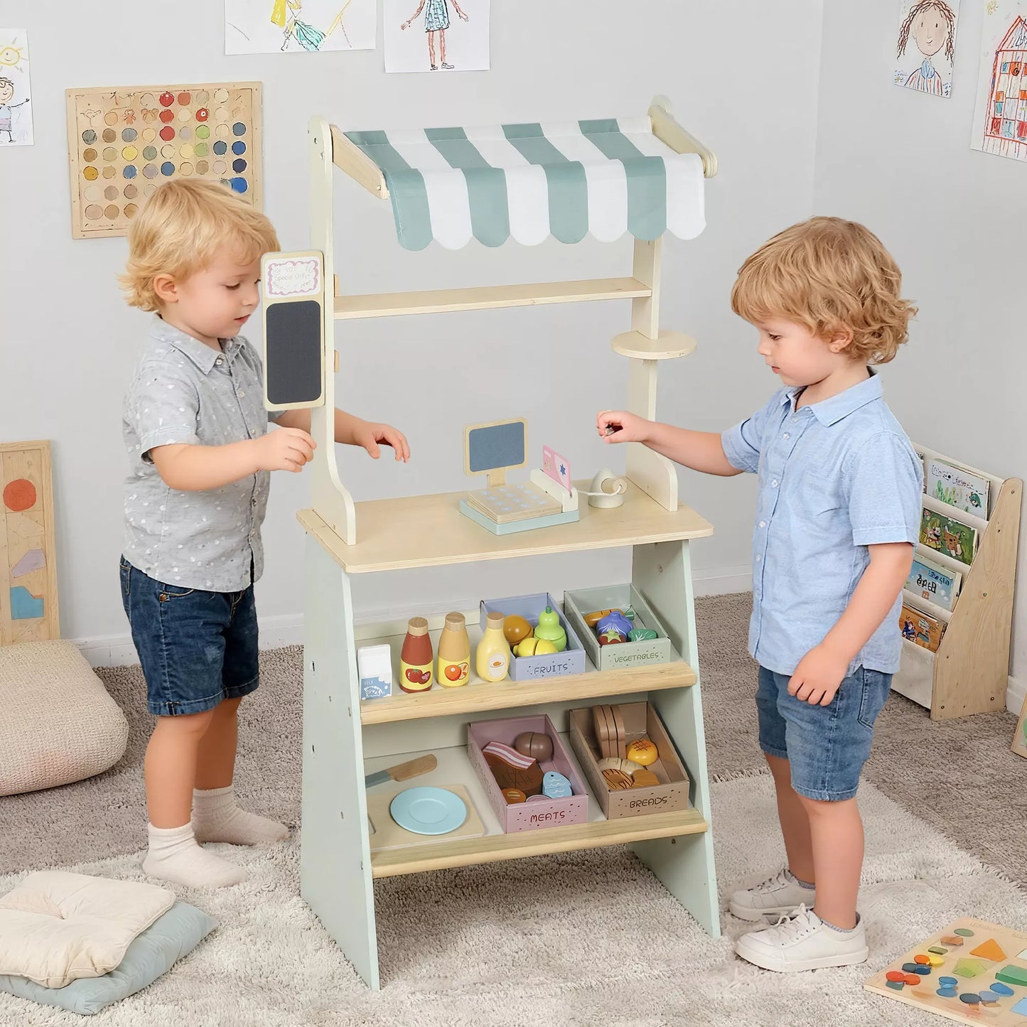 Vaikų parduotuvė Supermarket su kasos aparatu, skaitytuvu, lentele ir 34 priedais žalios spalvos