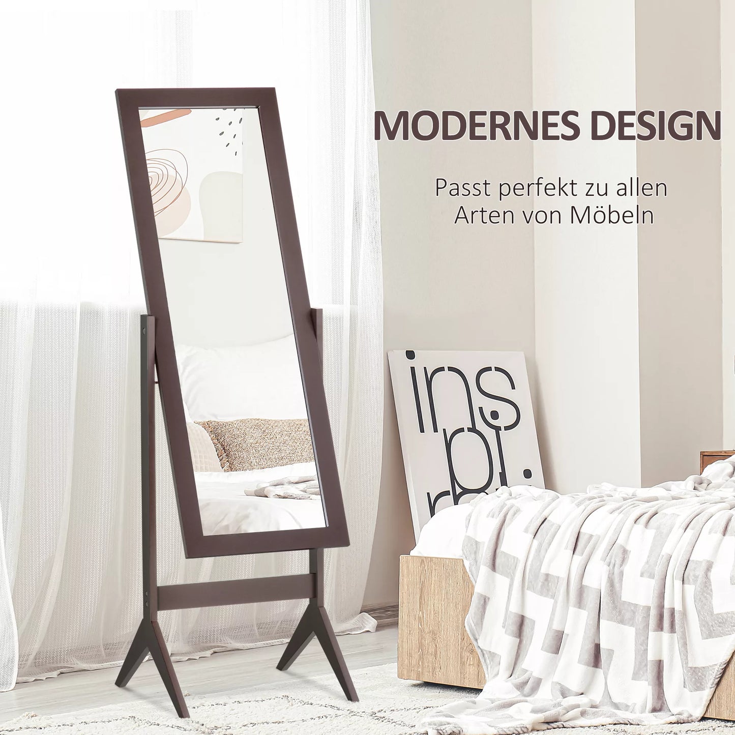 Pastatomas veidrodis, viso kūno veidrodis, makiažo veidrodis, paaukštintas pagrindas, lengvai prižiūrimas, MDF, kavos spalvos, 47 x 46 x 148 cm