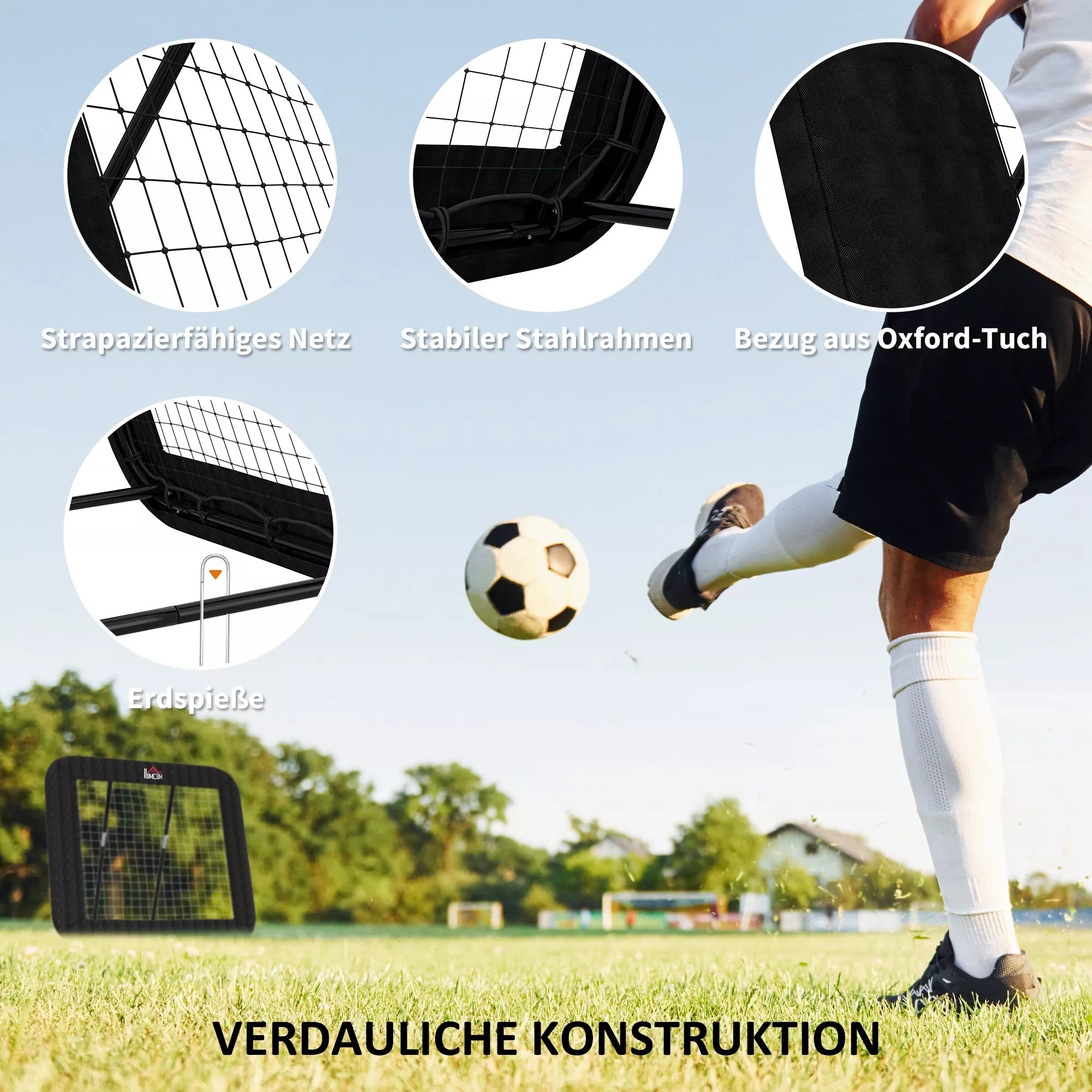 Futbolo atšokimo siena, 128 x 118 cm, su apsauginiu kraštu, kaiščiais, reguliuojama 5 pakopomis, nešiojama atšokimo siena, futbolo vartai paaugliams, atšokimo siena futbolo treniruotėms, juoda