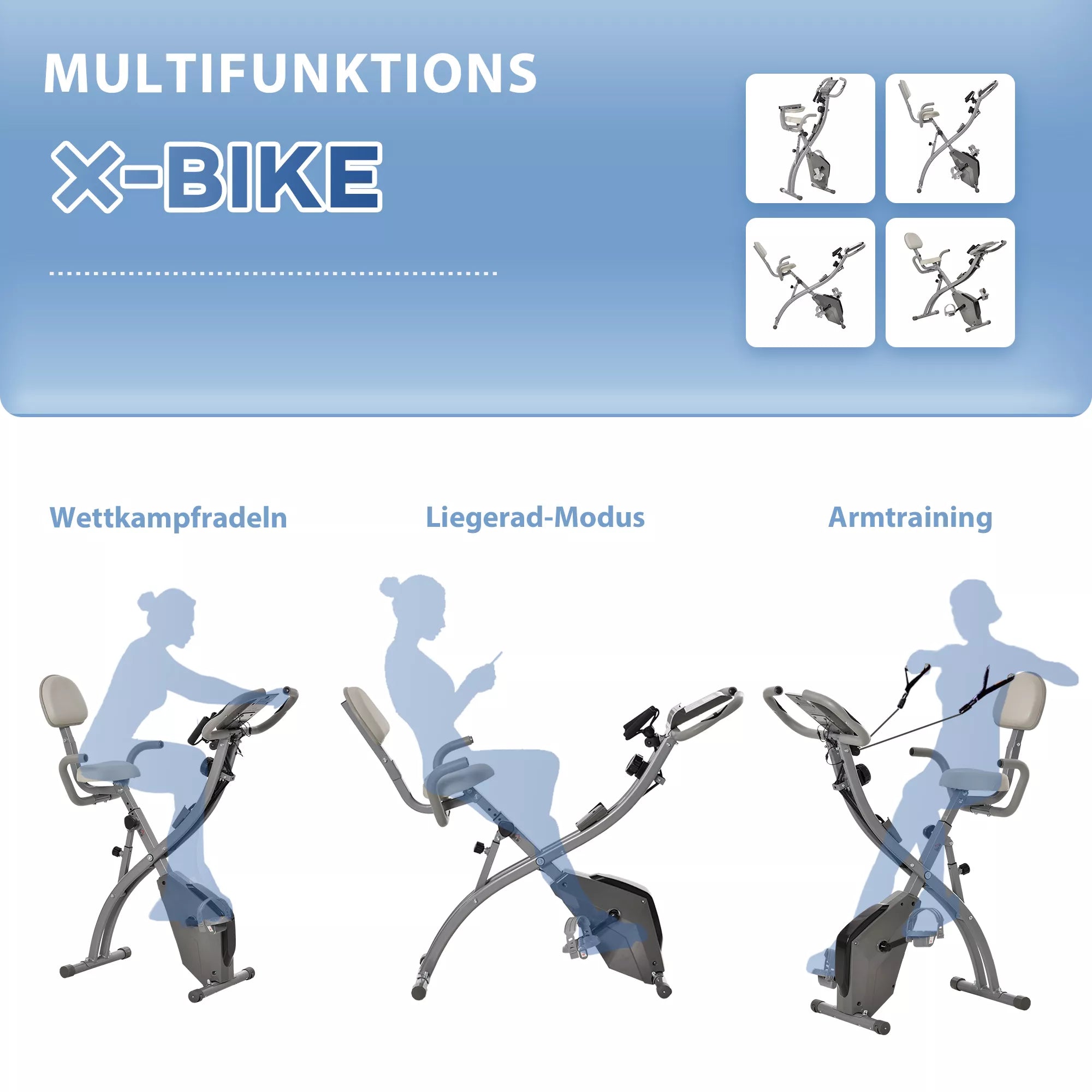 X-Bike 2-in-1 dviračių treniruoklis su LCD ekranu, širdies ritmo monitoriumi, sulankstomas namų treniruoklis su 8 pakopų magnetine varža, 1 poros pasipriešinimo gumos, plienas, pilka spalva, 105x48x118 cm