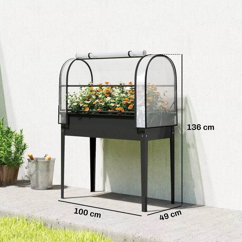 Aukšta pakelta metalinė lysvė su permatoma šiltnamio danga 100x49x136 cm – juoda
