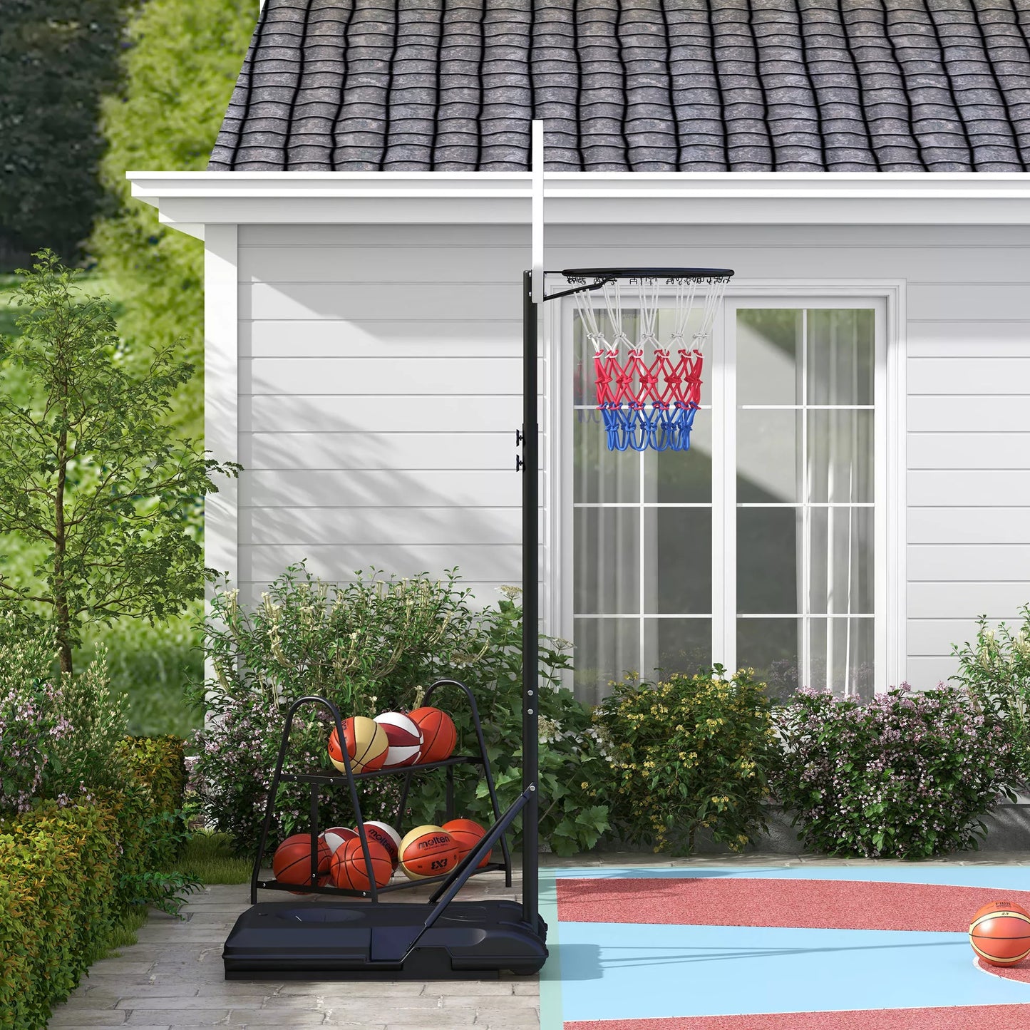 Reguliuojamo aukščio krepšinio lankas, laisvai pastatomas, su tinkleliu ir ratukais, didelis pagrindas, 179-209 cm, plastikas, plienas