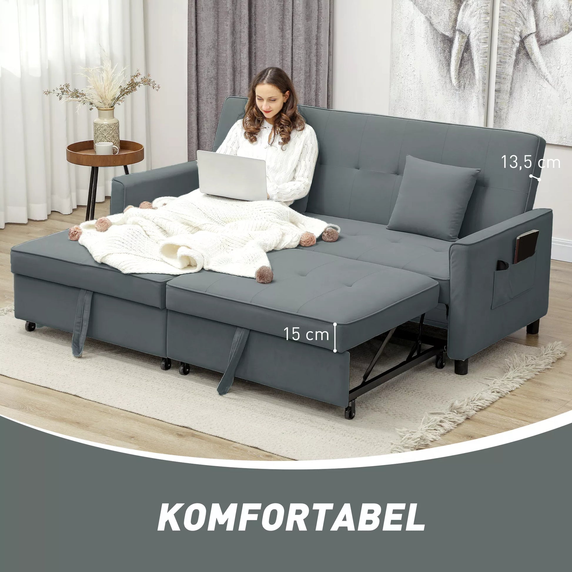 Miegamoji sofa, reguliuojama 3 vietų sofa su miegojimo funkcija, ištraukiama miegamoji sofa, pagalvėlės, pilka