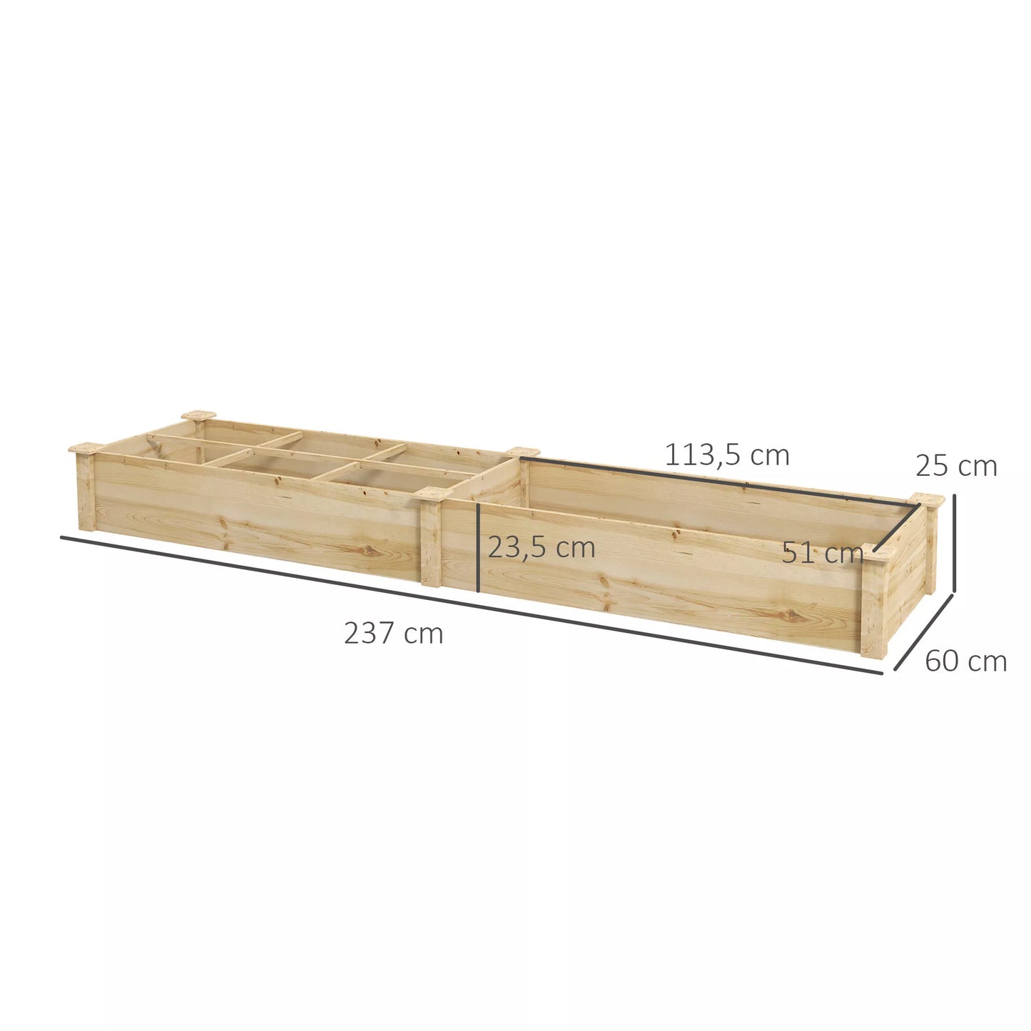 Paaukštinta lysvė, sodinimo dėžė, 2 dalių, atviras dugnas, natūralaus medžio rėmas, paprastas surinkimas, 237 x 60 x 25cm