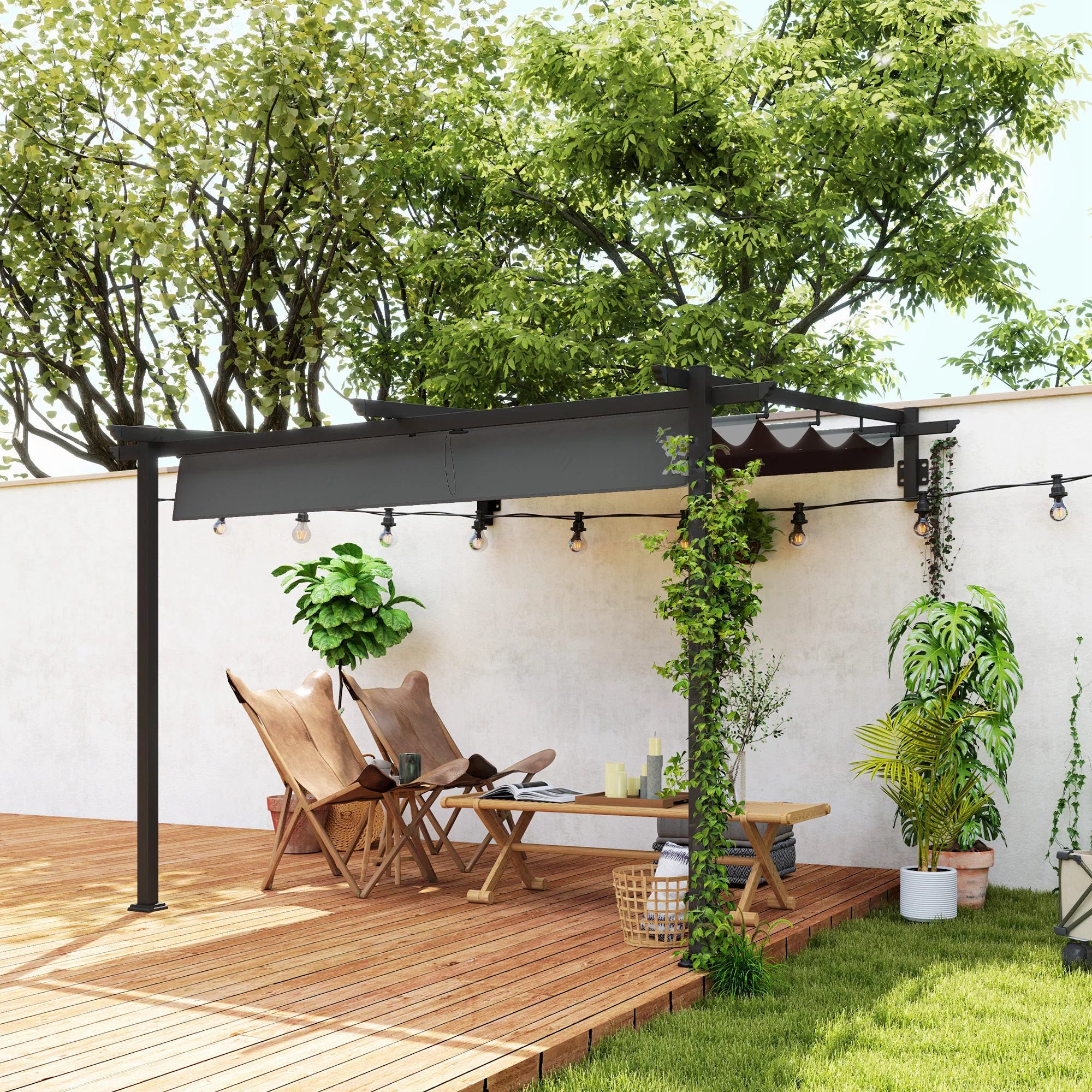 Pavilionas, 3 x 3 m Pergola, Vėjo nepraleidžiantis terasos stogas, Montavimas prie sienos, Reguliuojamas stogas, Skirtas sodui, terasai, Tamsiai pilkos spalvos
