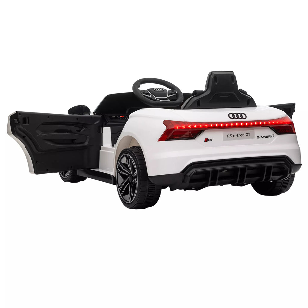Vaikų elektrinis automobilis „Audi RS e-tron GT“ su saugos diržu, nuotolinio valdymo pultu, žibintais, muzikos funkcija, baltas, 103 x 58 x 41 cm