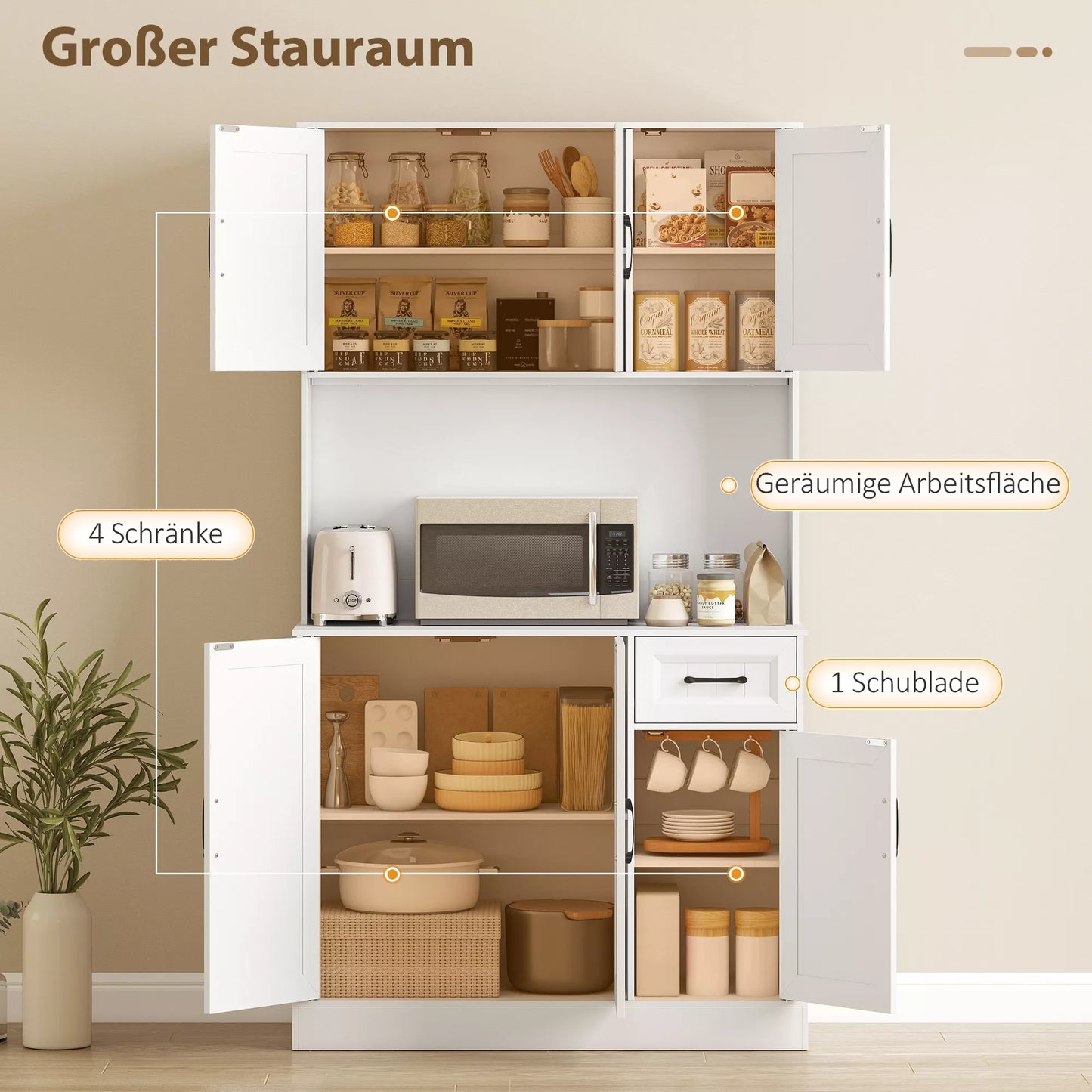 Virtuvės spintelė, 180,5 cm, sandėliukas, darbinis paviršius, laidas, reguliuojamos lentynos, MDF, balta