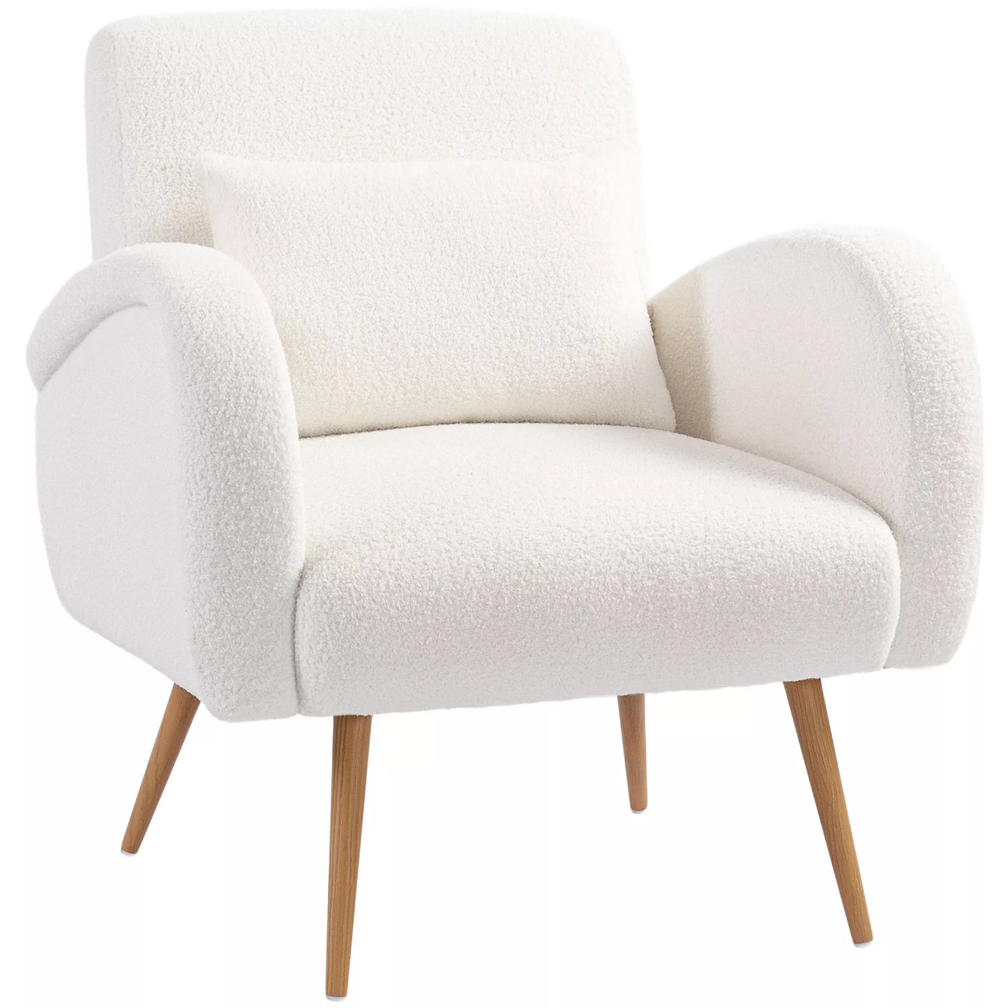 Minkštas fotelis, vilnos užvalkalas, minkštas krėslas su porankiais ir juosmens pagalvėle, metalinės kojelės, skaitymo fotelis, kreminės baltos spalvos