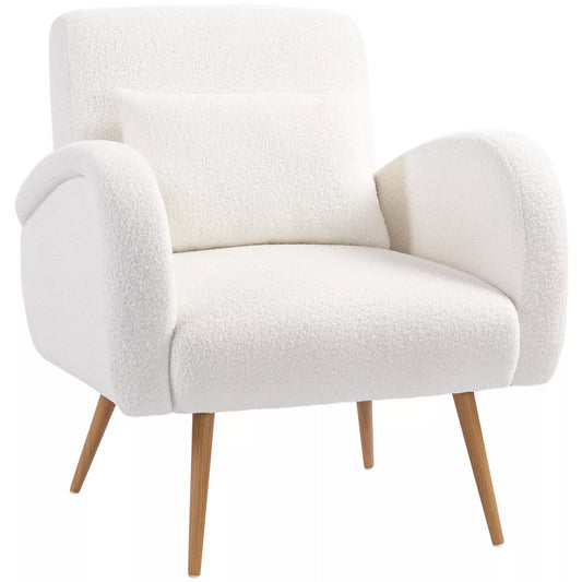 Minkštas fotelis, vilnos užvalkalas, minkštas krėslas su porankiais ir juosmens pagalvėle, metalinės kojelės, skaitymo fotelis, kreminės baltos spalvos