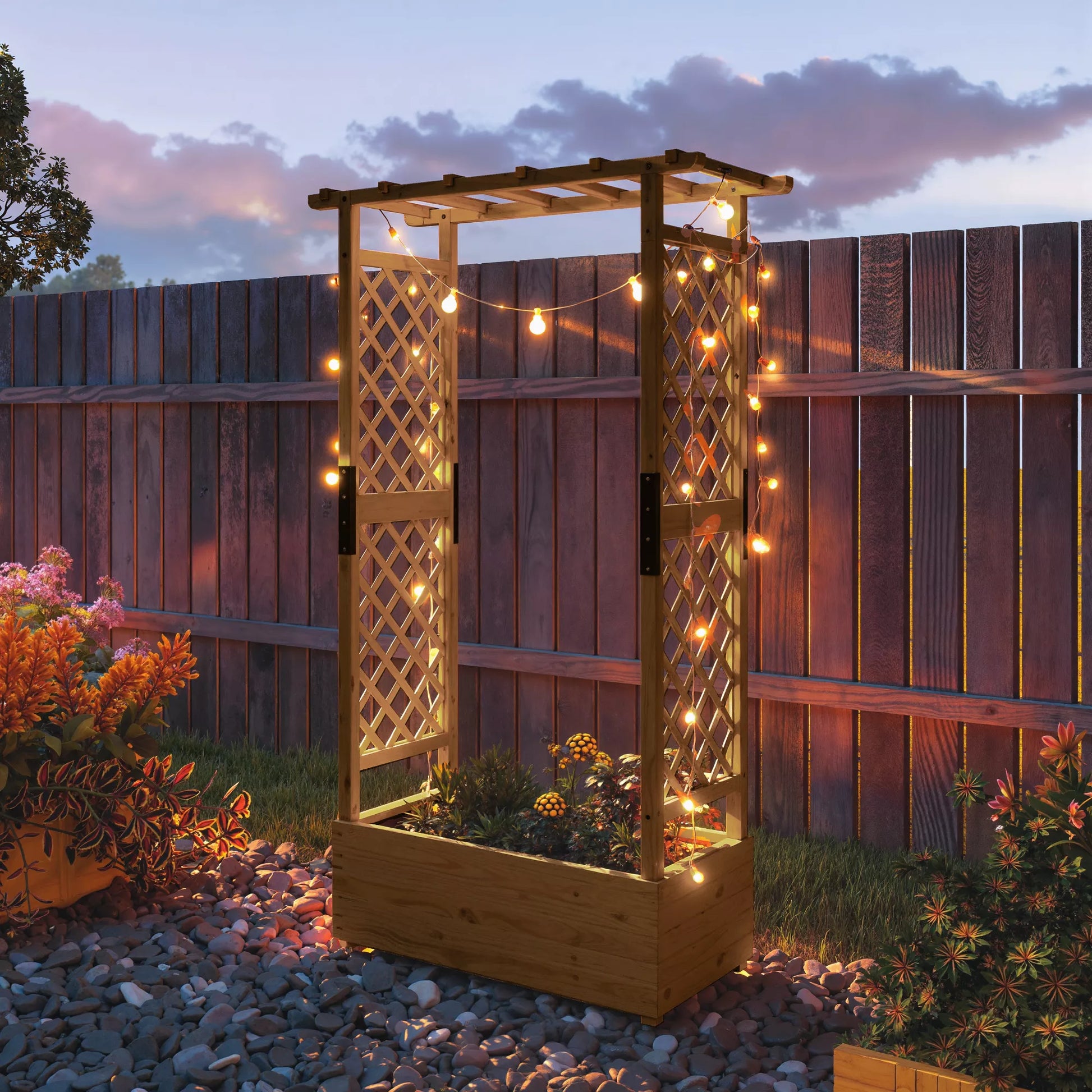 Pakelta lysvė su arka, grotelėmis ir stogeliu, vijokliniams augalams, medis, 110 x 44 x 181 cm, oranžinė