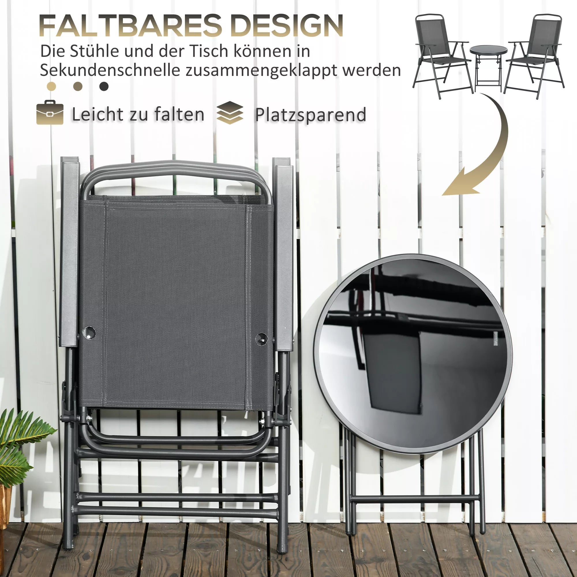 3 dalių metalinis bistro rinkinys Atsparus atmosferos poveikiui sodo baldų rinkinys su sulankstomu stikliniu stalu ir sodo kėdėmis Tamsiai pilkos spalvos