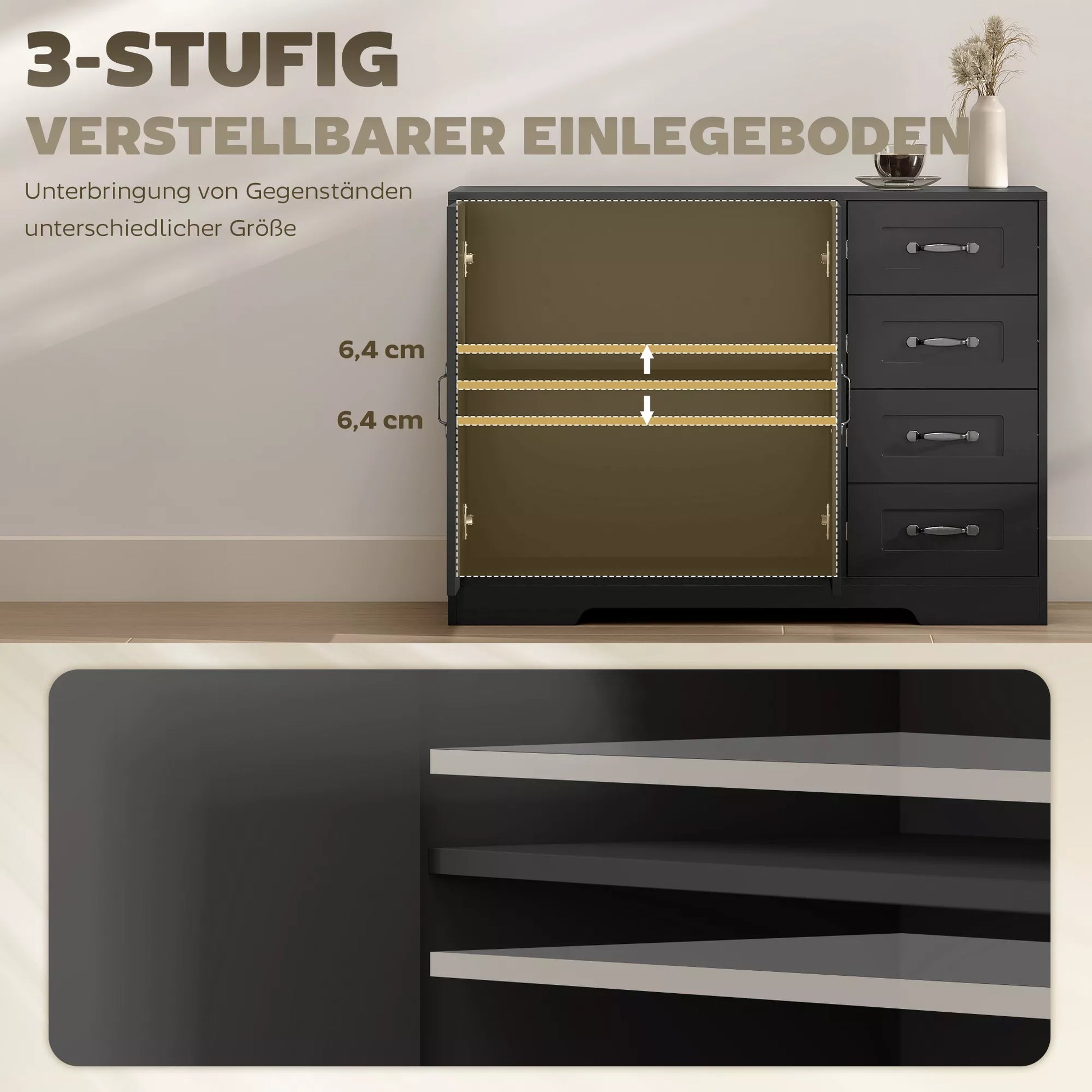 Bufetas, komoda, modernus stilius, 4 stalčiai, 1 spintelė, 105 x 40 x 76 cm, juoda