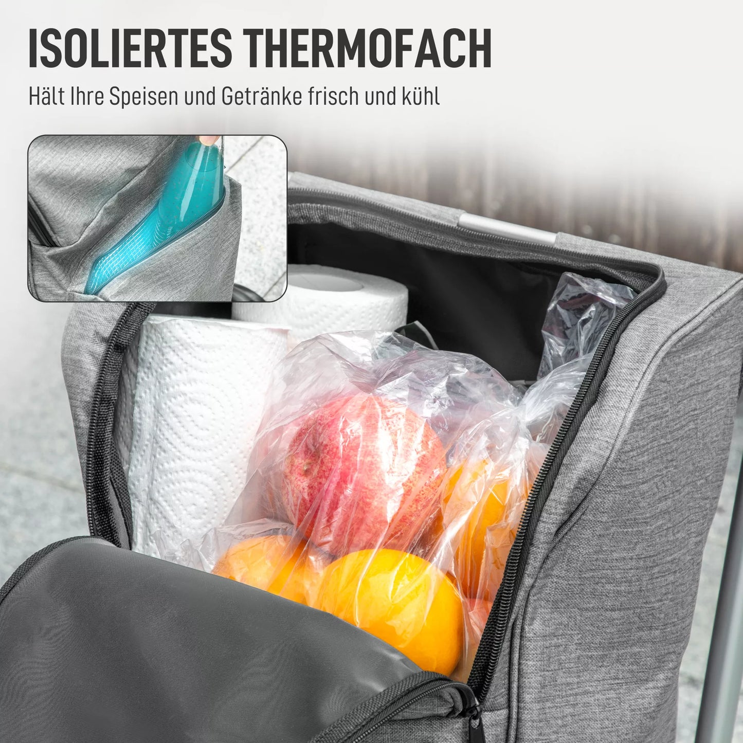 Pirkinių vežimėlis, 46 litrų talpos krepšys, sulankstomas pirkinių vežimėlis su termo maišeliu, reguliuojama rankena, aliuminio rėmas, pilkas