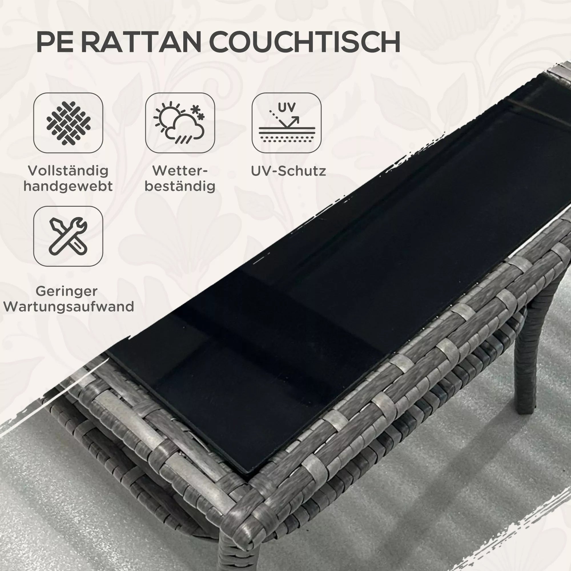 Polyrattan sodo stalas, 50 x 50 x 45 cm, atsparus atmosferos poveikiui, pagalbinis stalas 4 asmenims, kvadratinis su stikliniu stalviršiu