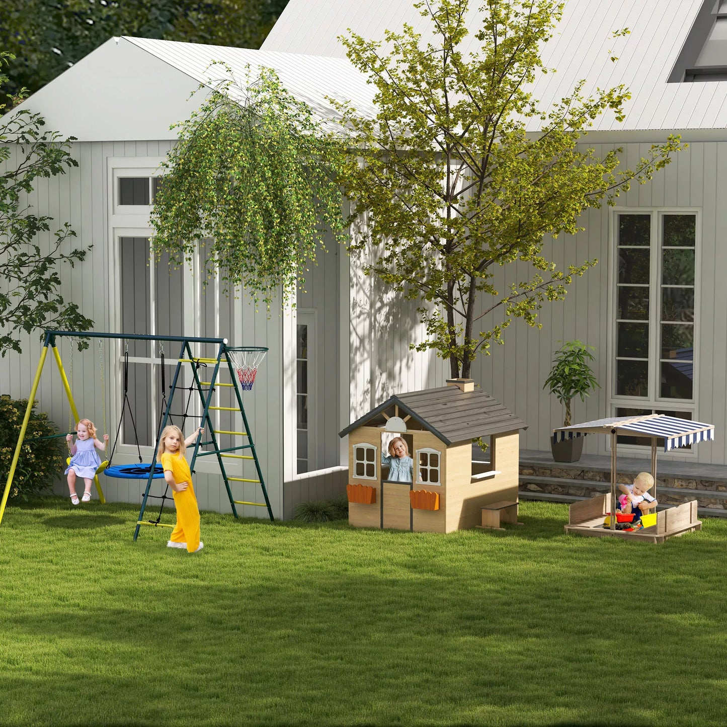 Vaikų sūpynių aikštelė su 2 sūpynėmis, krepšinio lanku, laipiojimo kopėčiomis, 267x180x202 cm, geltona