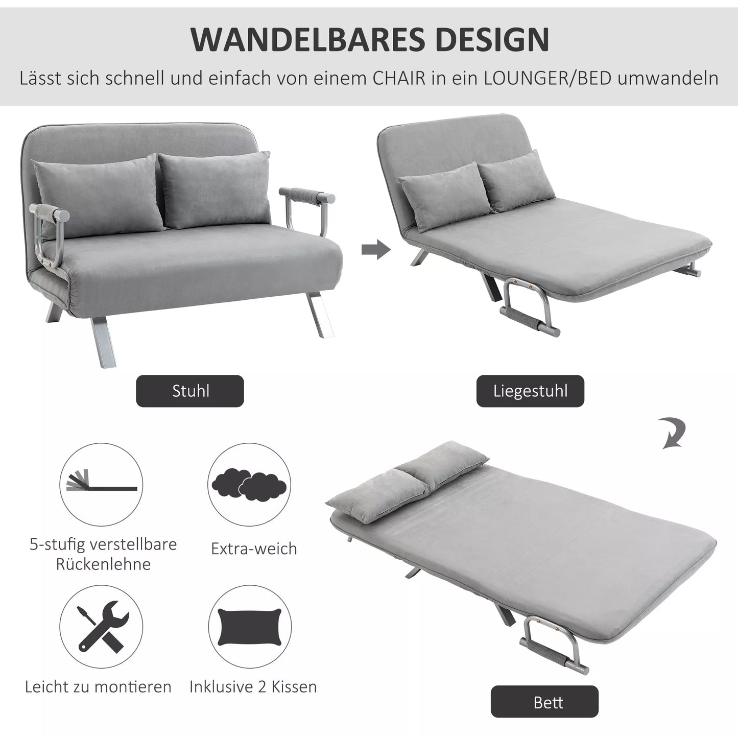 Miegamoji sofa, dvigulė sofa, sofa svečiams, su 2 pagalvėlėmis, pilka