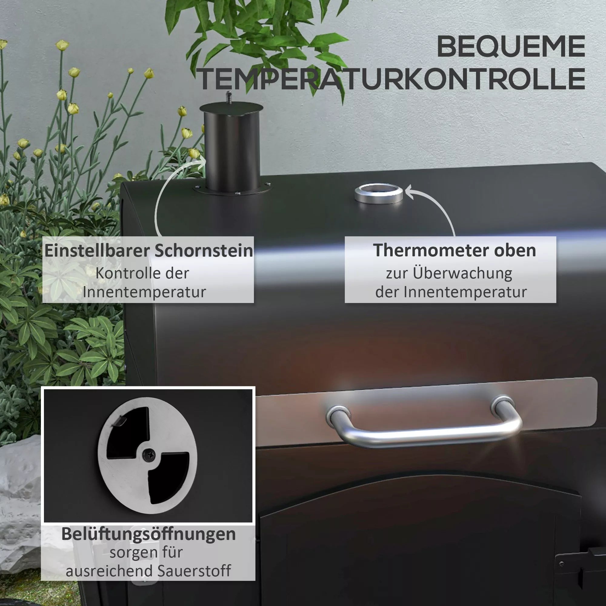 Medžio anglies grilis su rūkymo funkcija, reguliuojamas anglies skyrius, šoninės lentynos, 124 x 66 x 112 cm, juodos spalvos