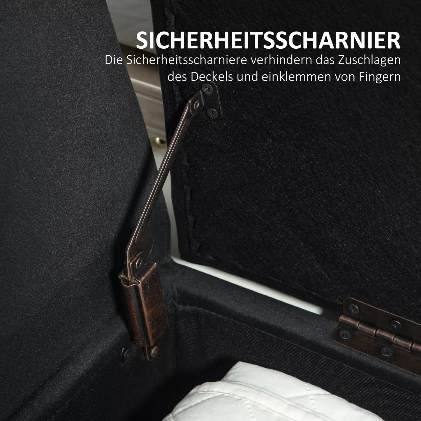 Sėdynė su daiktadėže ir porankiais, skrynios tipo suolas, aksominis poliesteris, guminės medienos, tamsiai pilka, 107 x 42 x 65 cm